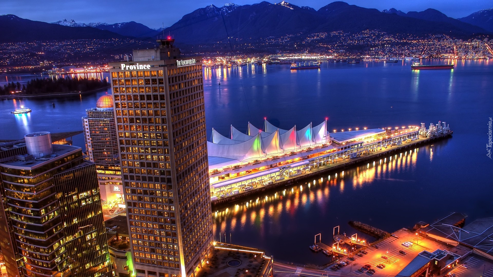 Panorama, Oświetlonego, Miasta, Vancouver