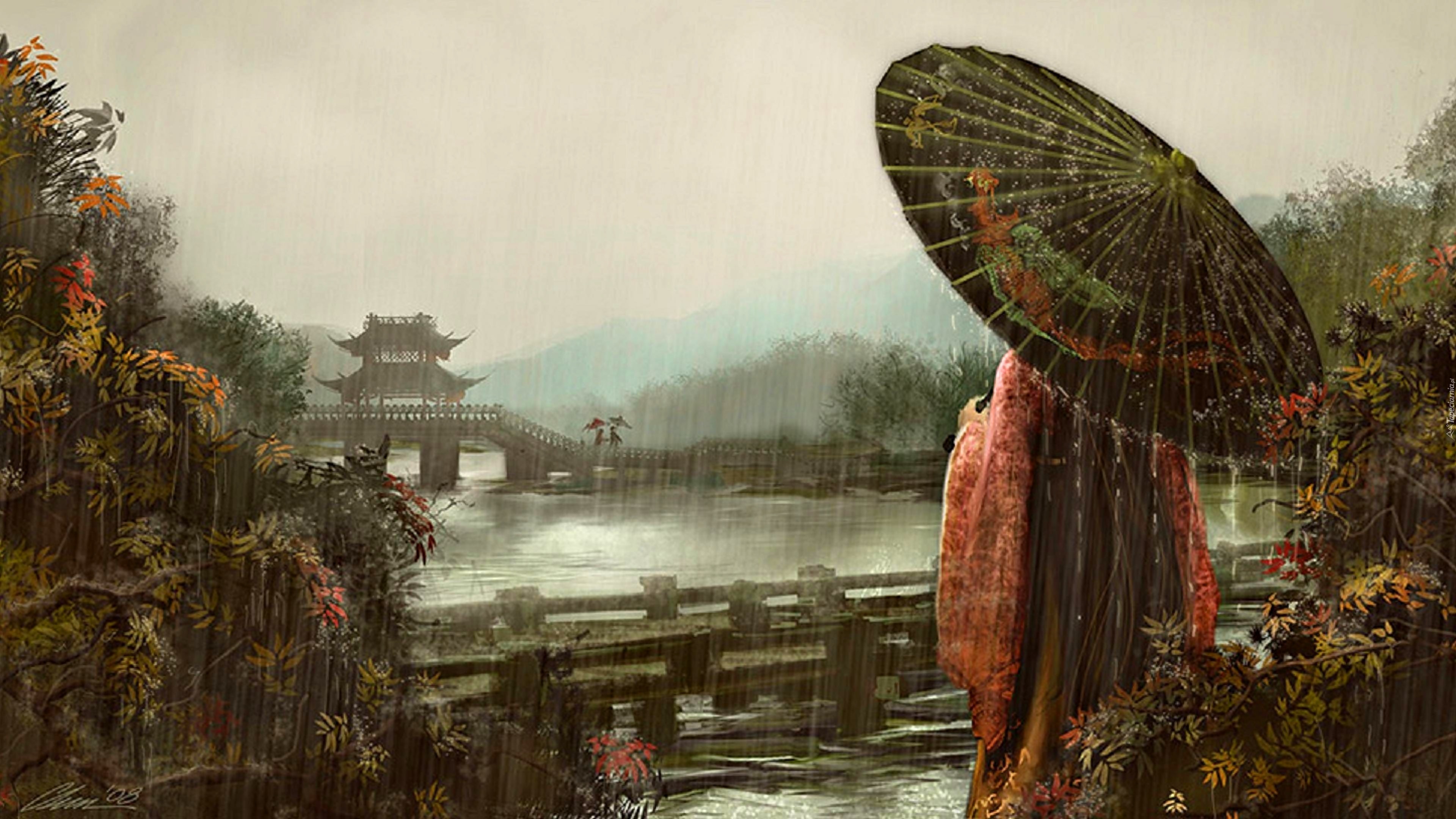 Obraz, Japoński, Domek, Deszcz, Kobieta, Parasol