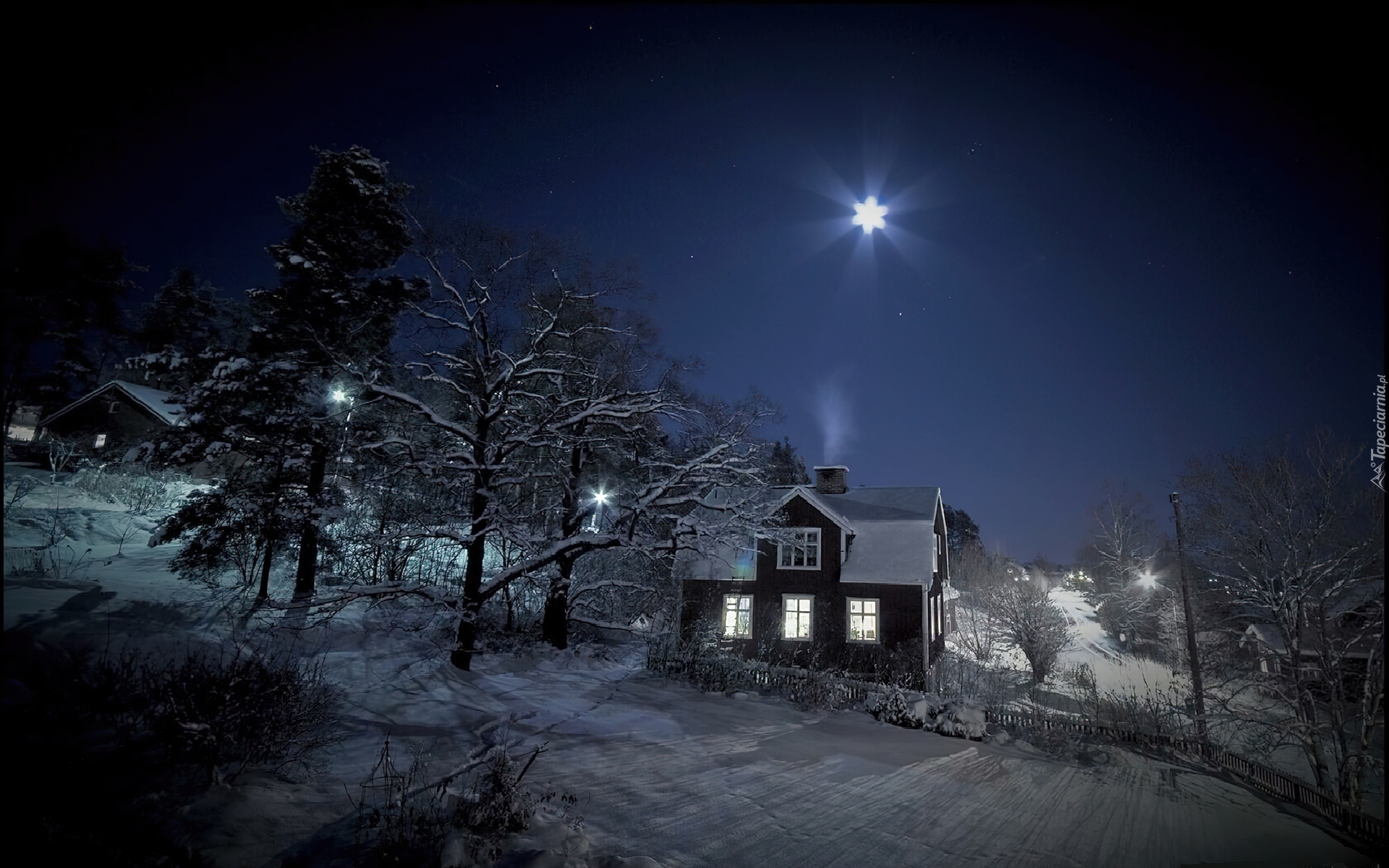 Domek, Drzewa, Śnieg, Gwiazda