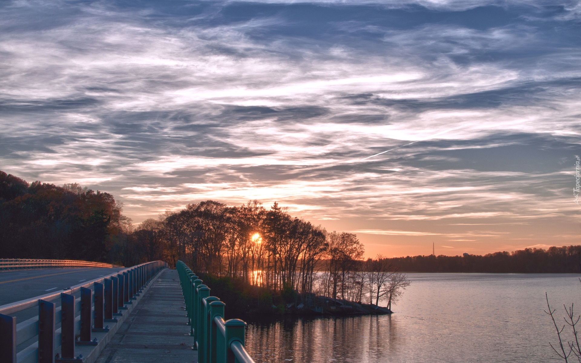 Most, Jezioro, Zachód Słońca, Drzewa