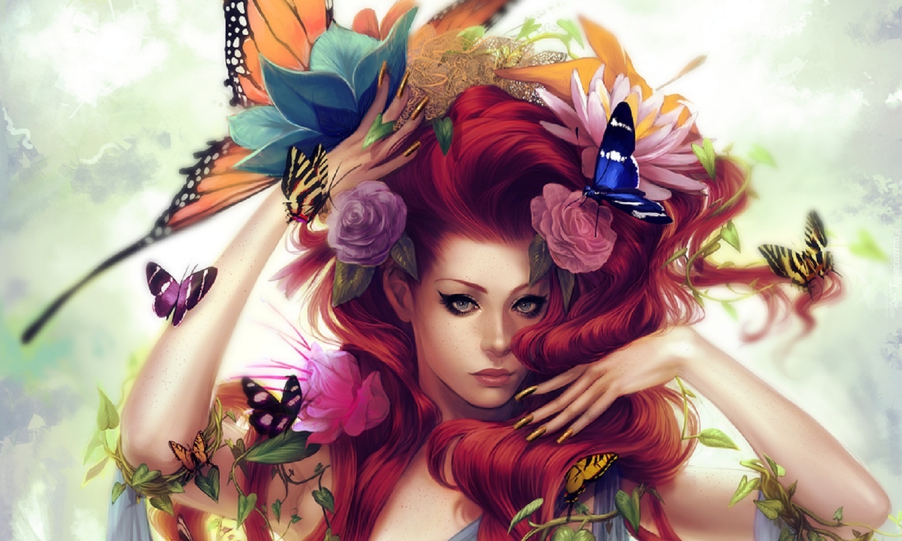 Kobieta, Kwiaty, Motyle