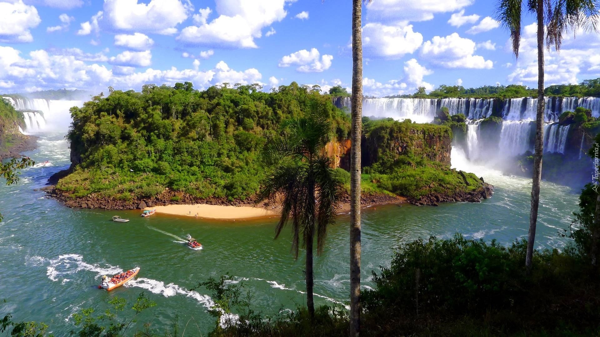 Wodospady, Iguazu, Łódki, Drzewa, Chmury