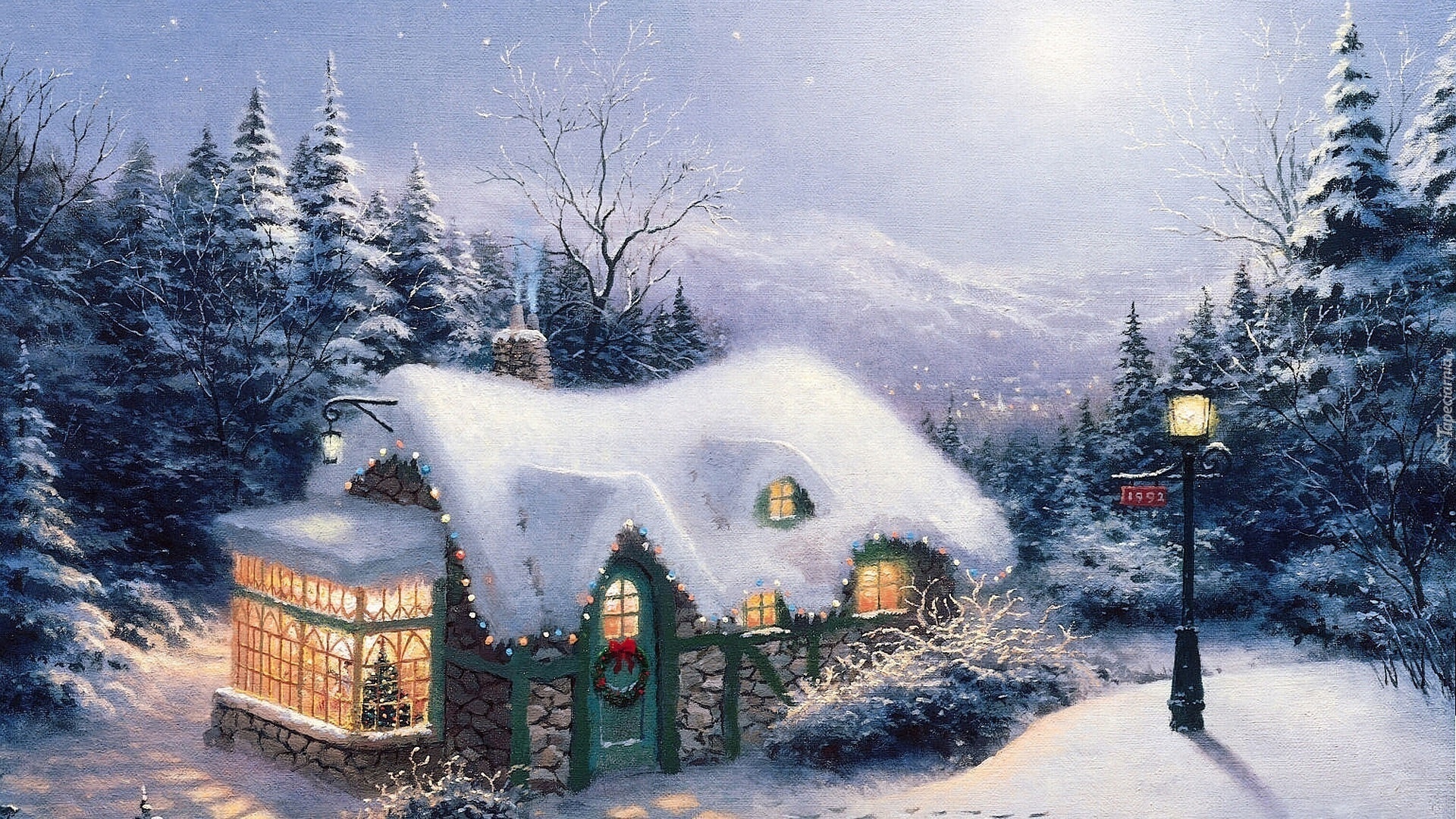 Zima, Boże Narodzenie, Dom, Latarnia, Ośnieżone, Drzewa