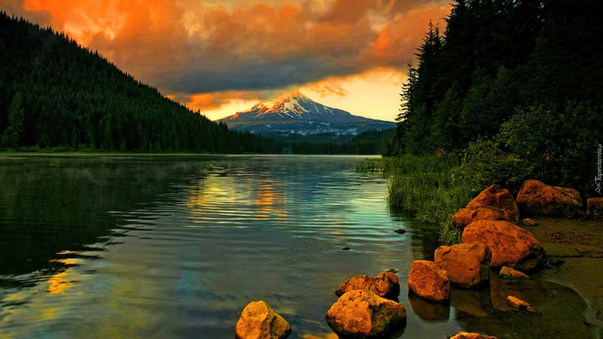 Jezioro, Kamienie, Niebo, Zachód Słońca