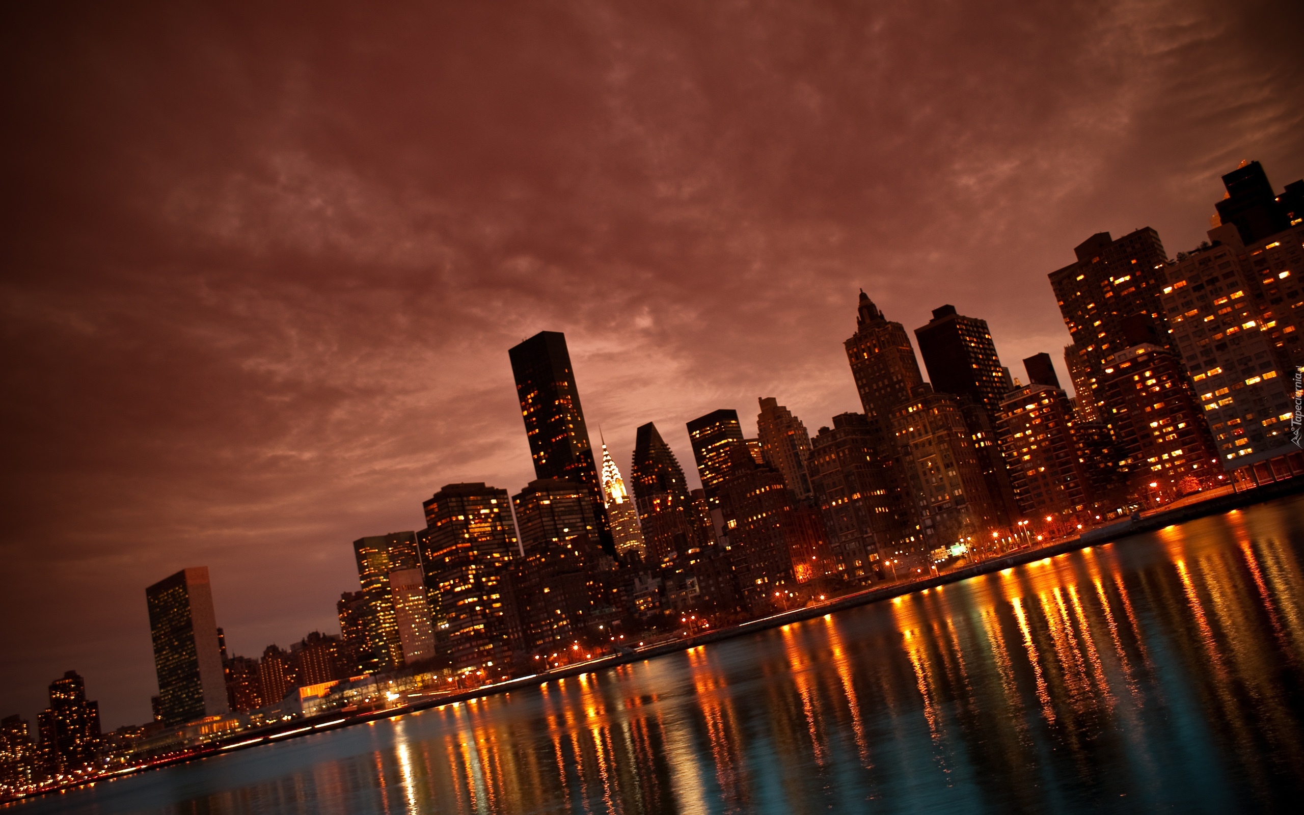 Nowy Jork, Manhattan, Wieżowce, Światła, Zmrok
