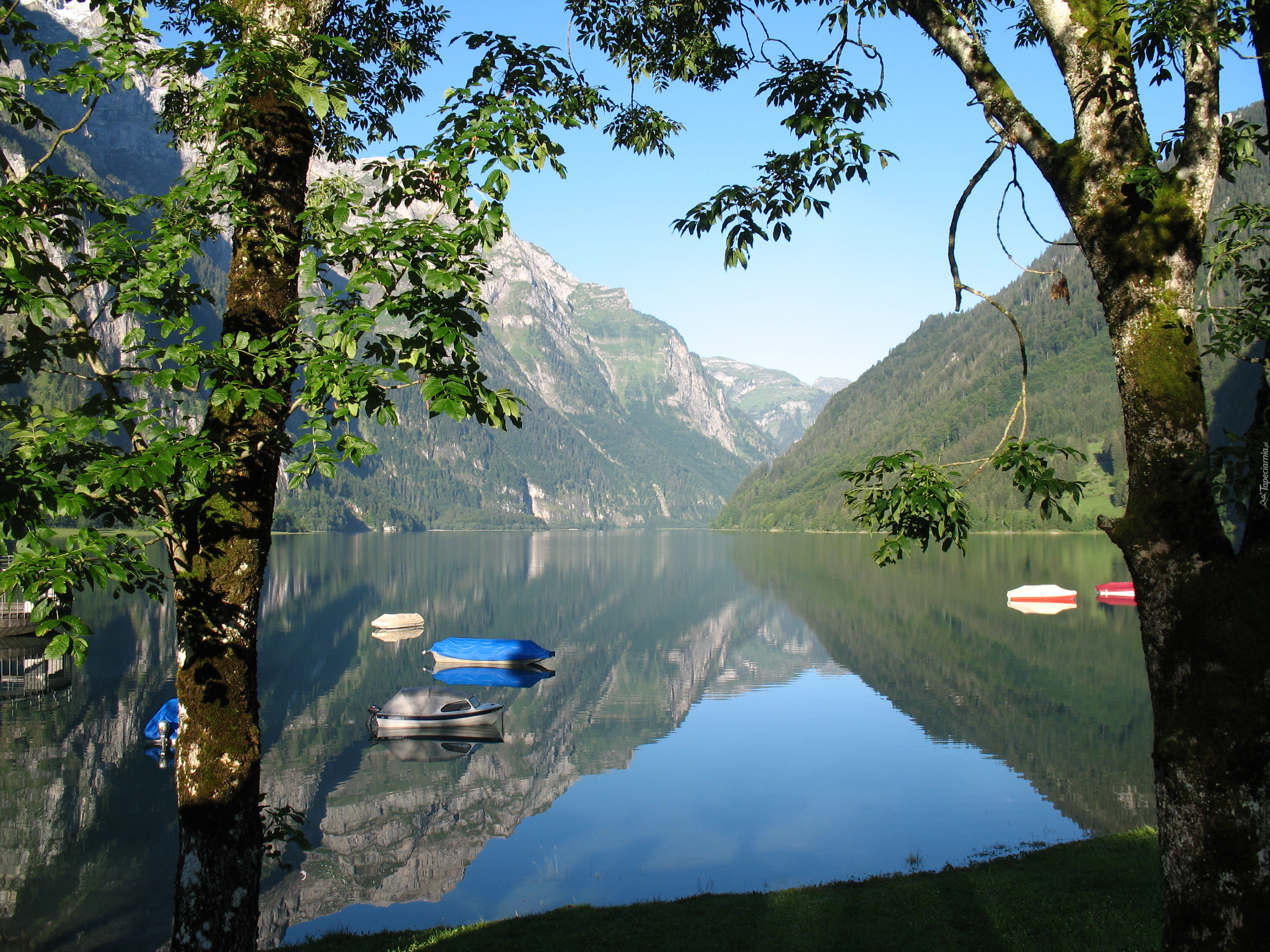 Jezioro, Łódki, Góry, Glarus, Szwajcaria