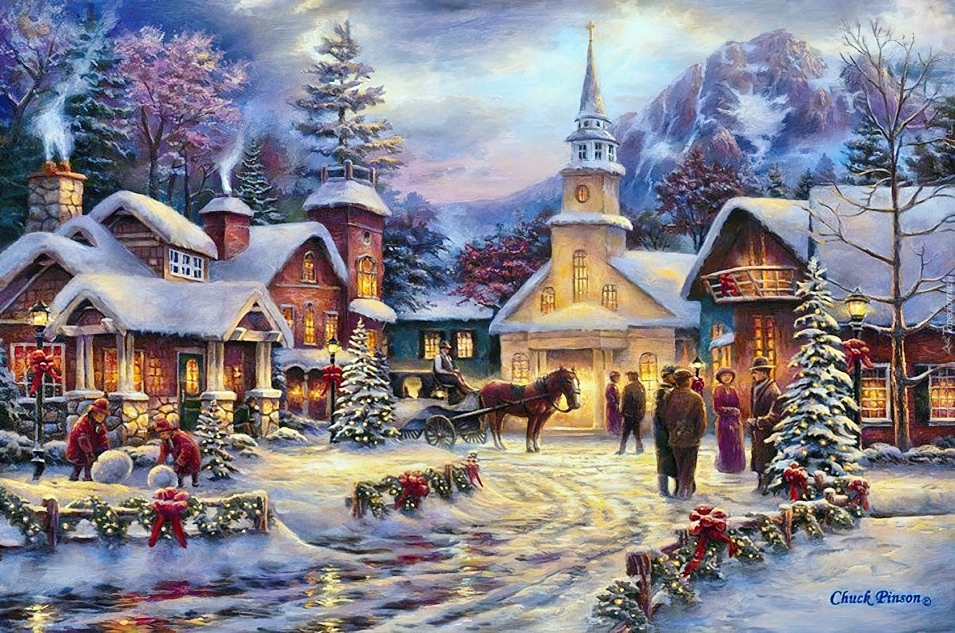 Kościół, Domy, Boże, Narodzenie, Malarstwo
