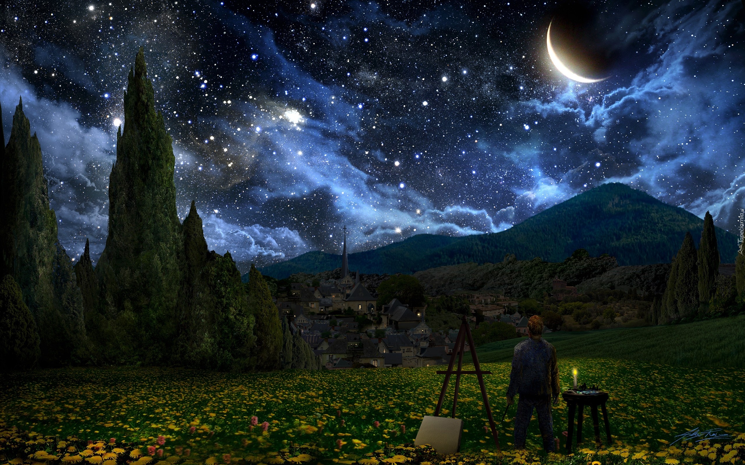 Księżyc, Drzewa, Obraz, Vincent, Van, Gogh