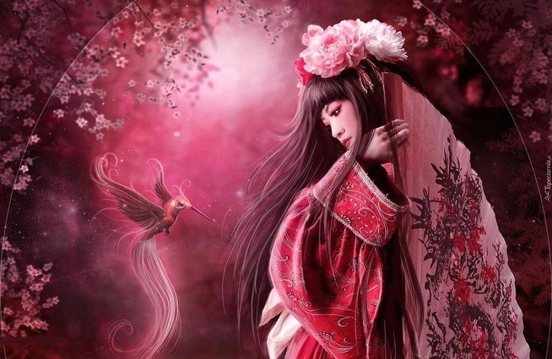 Kobieta, Kimono, Ptak