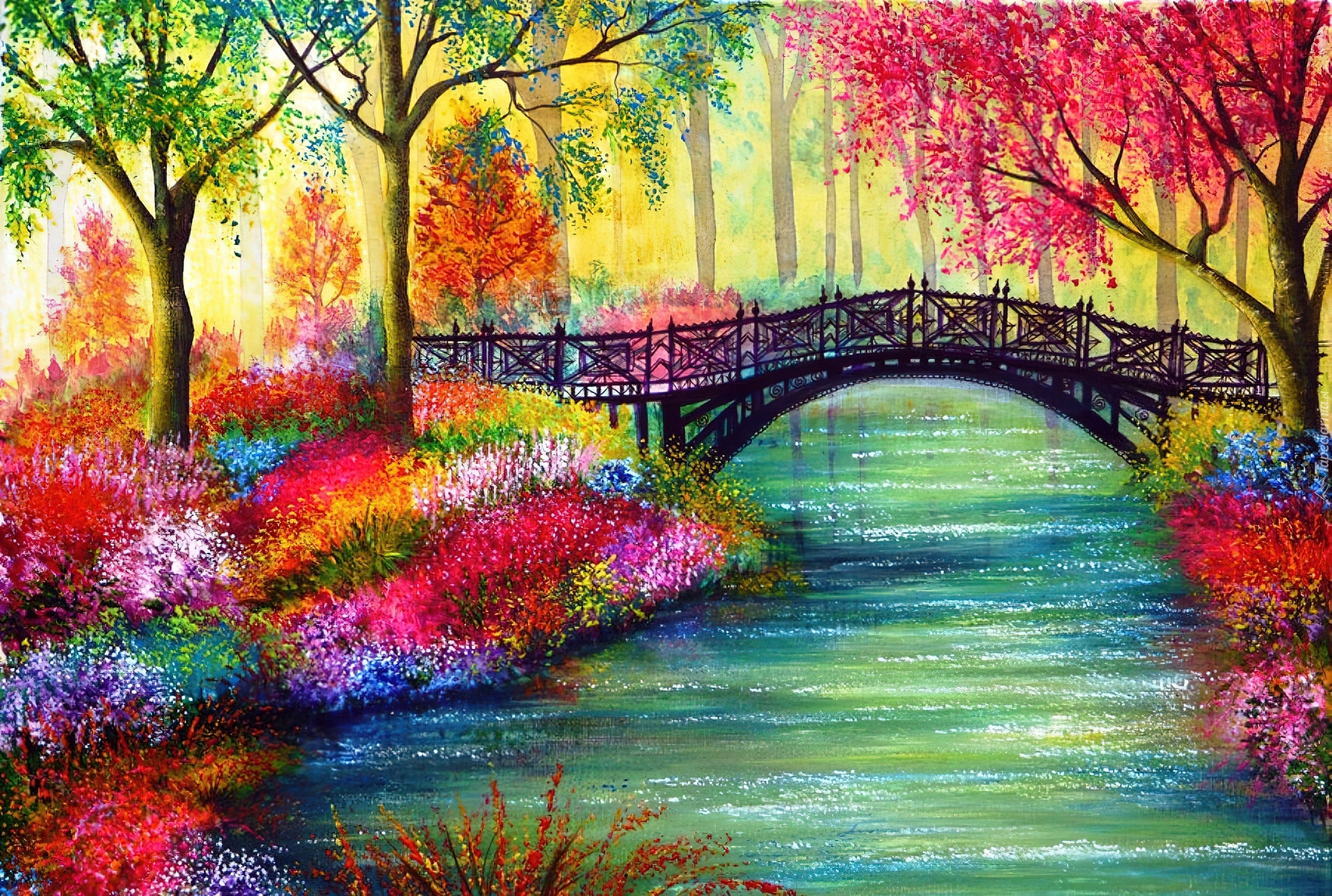 Rzeka, Most, Drzewa, Kwiaty