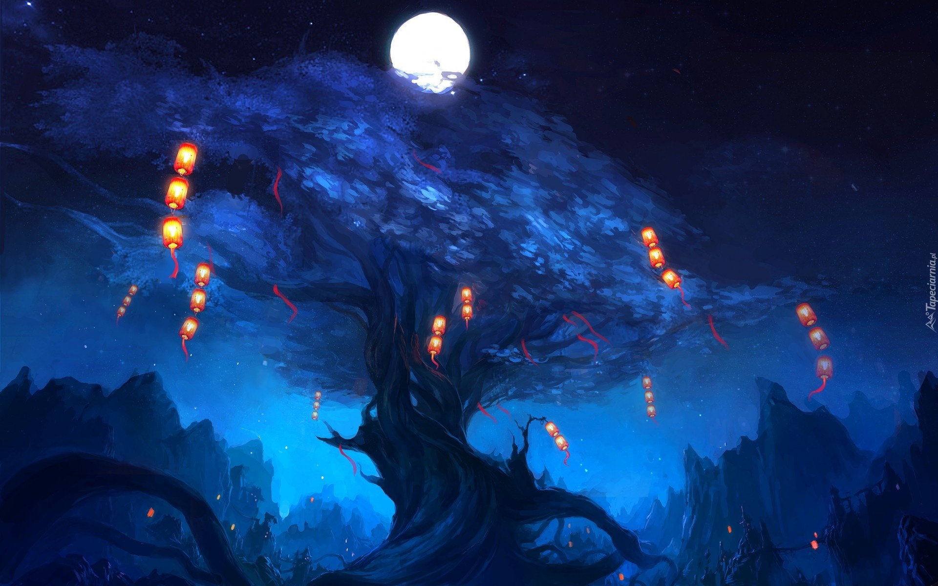 Noc, Drzewo, Lampiony, Księżyc