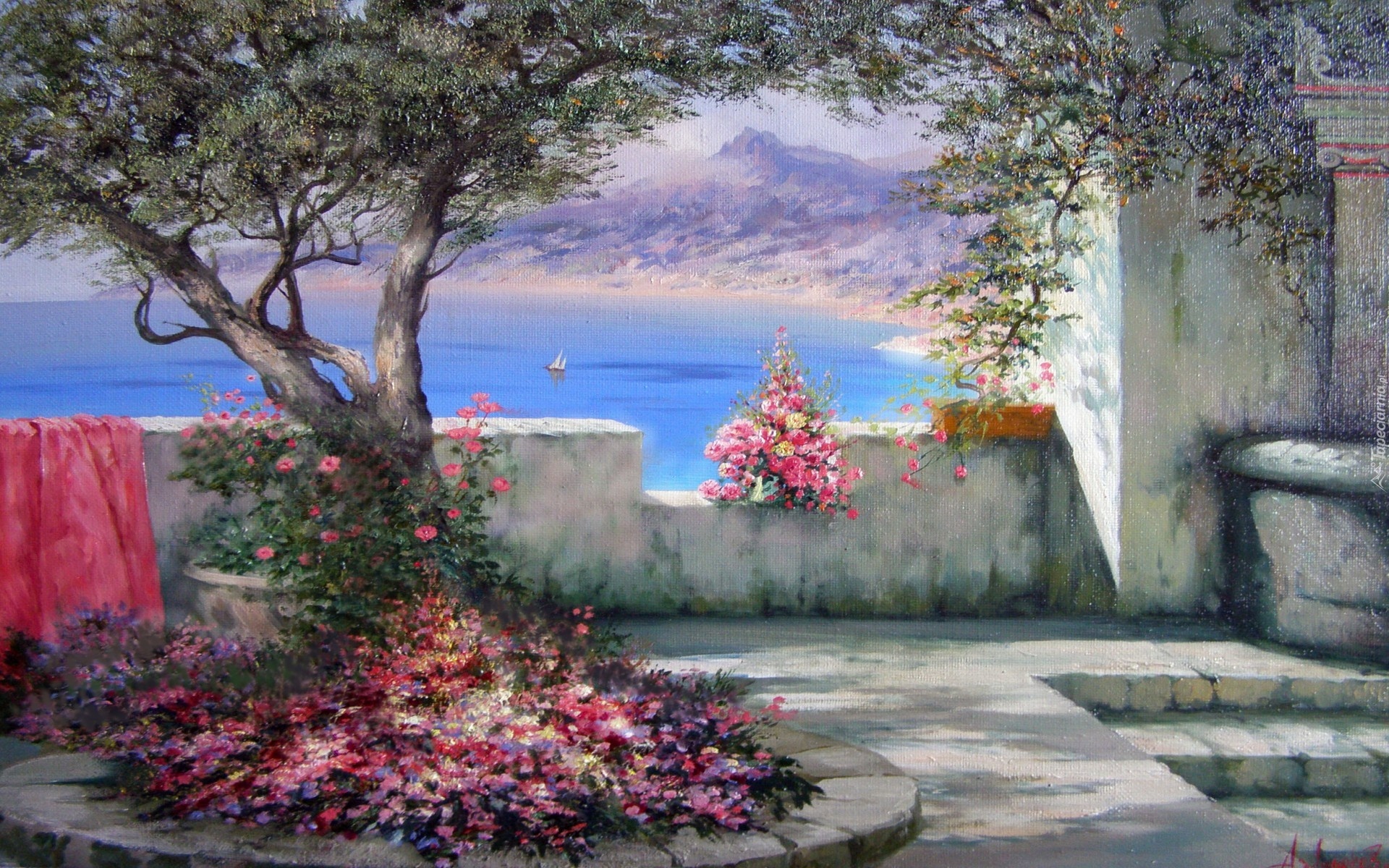Obraz, Kwiaty, Drzewo, Woda, Aleksander Miliukov