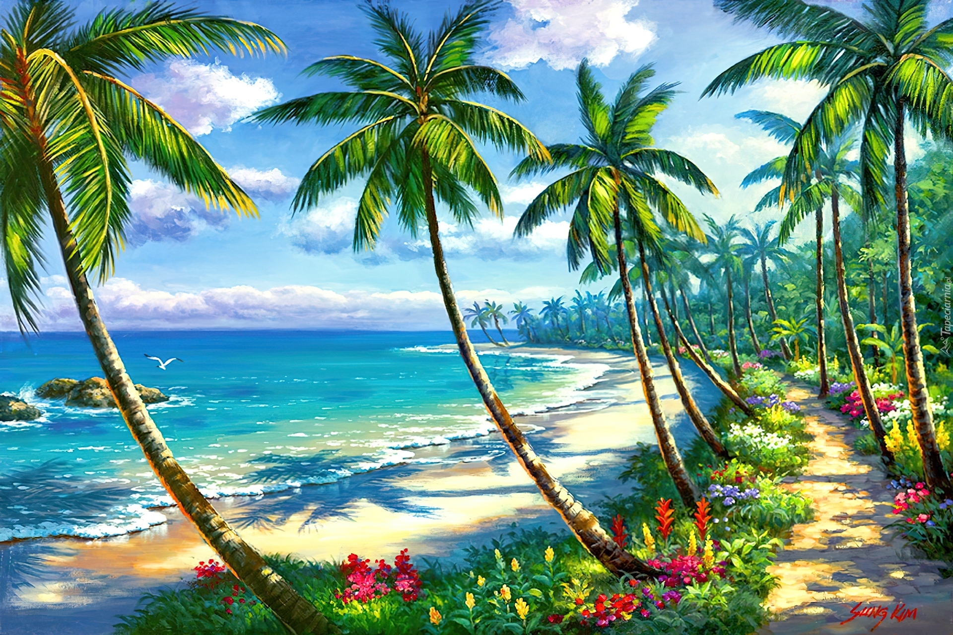 Morze, Plaża, Palmy, Kwiaty, Obraz, Sung Kim