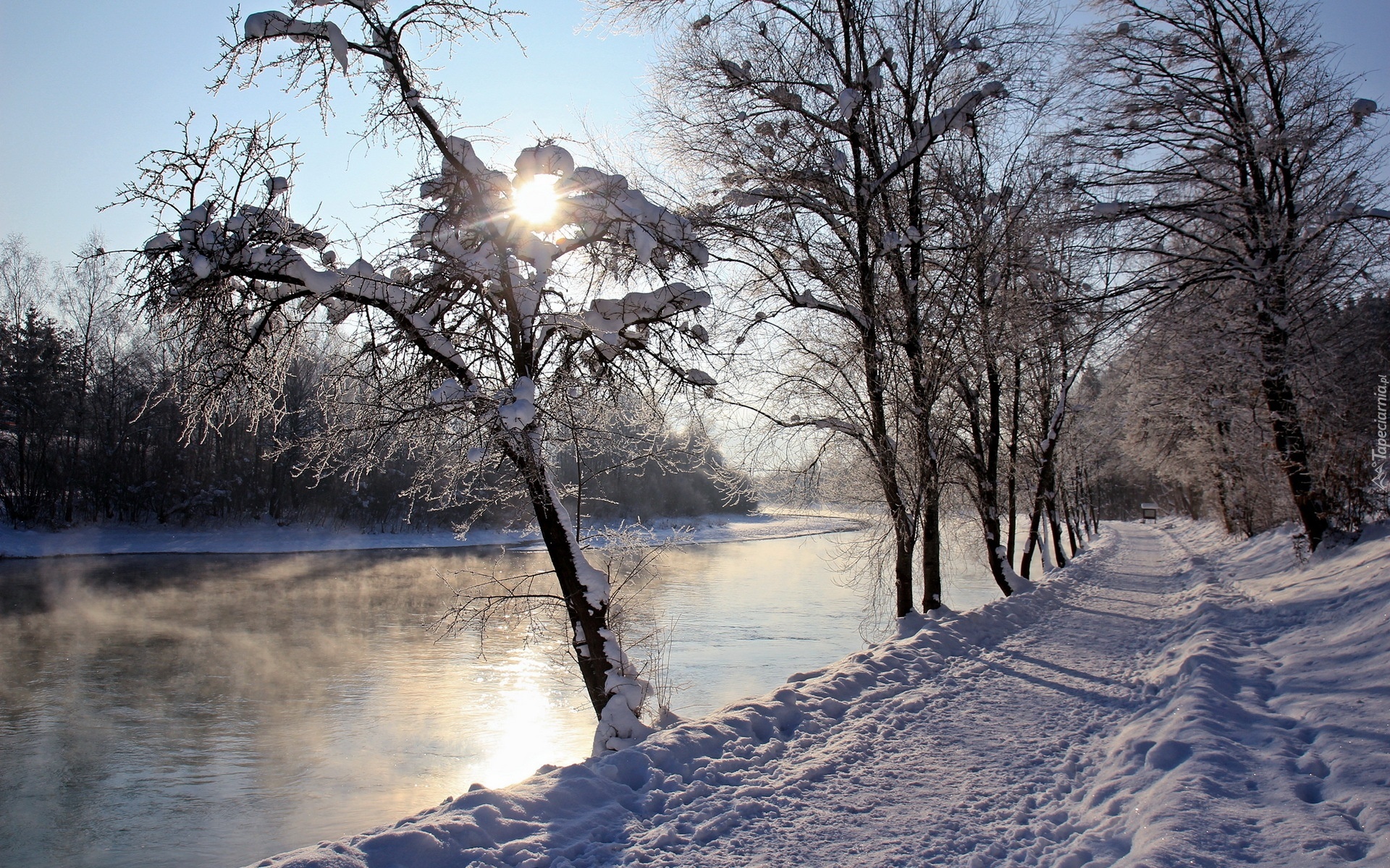 Rzeka, Drzewa, Śnieg, Zima