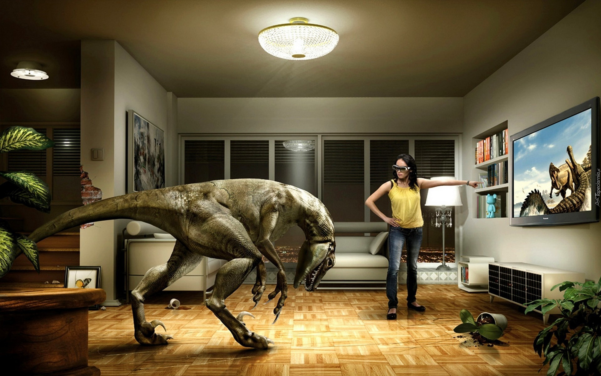 Kobieta, Dinozaur, Telewizor
