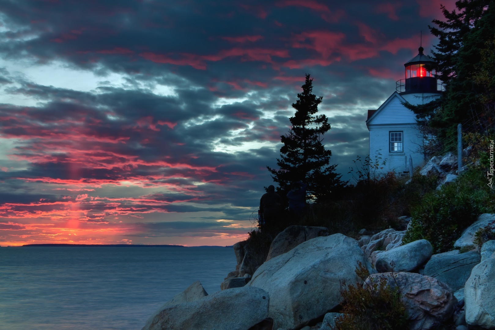 Latarnia, Morska, Morze, Zachód Słońca, Bass Harbor, Maine
