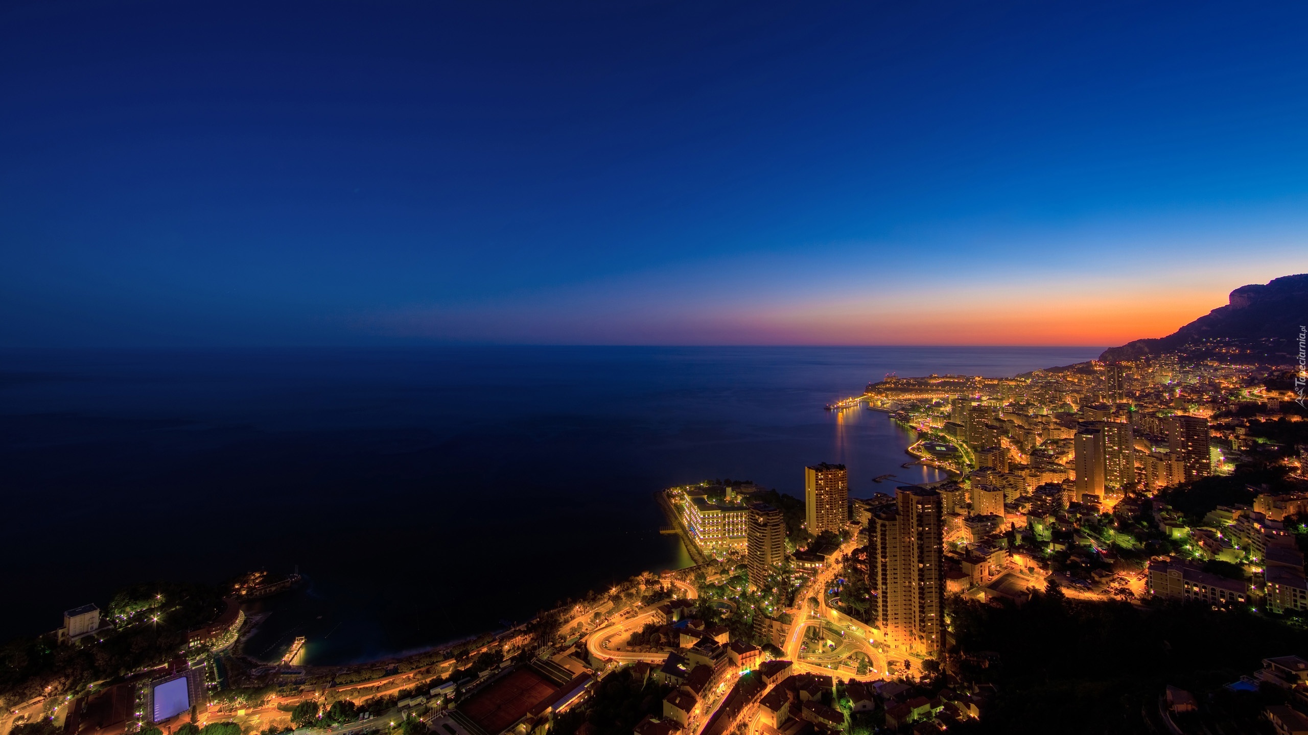 Morze, Zachodzące, Słońce, Panorama, Monako