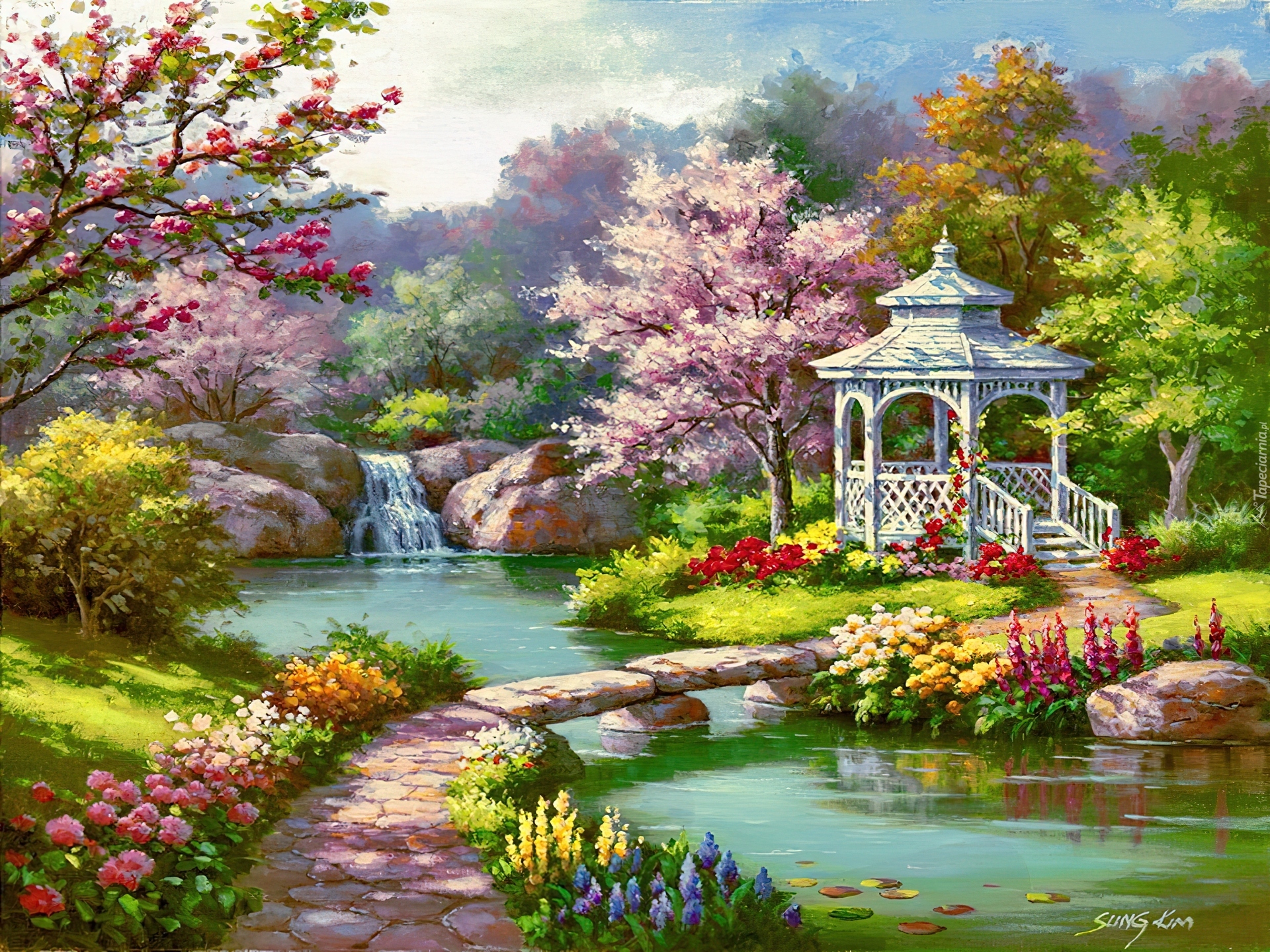 gazebo in spring park ~ Sung Kim, artist | Garden painting, Landscape