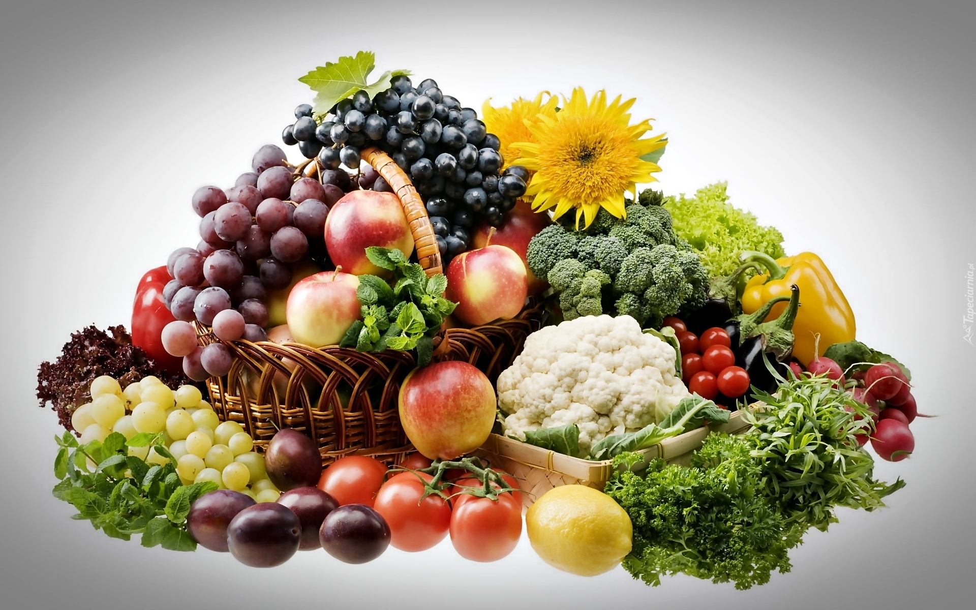 Owoce, Warzywa, Kwiaty, Jabłka, Winogrona, Śliwki