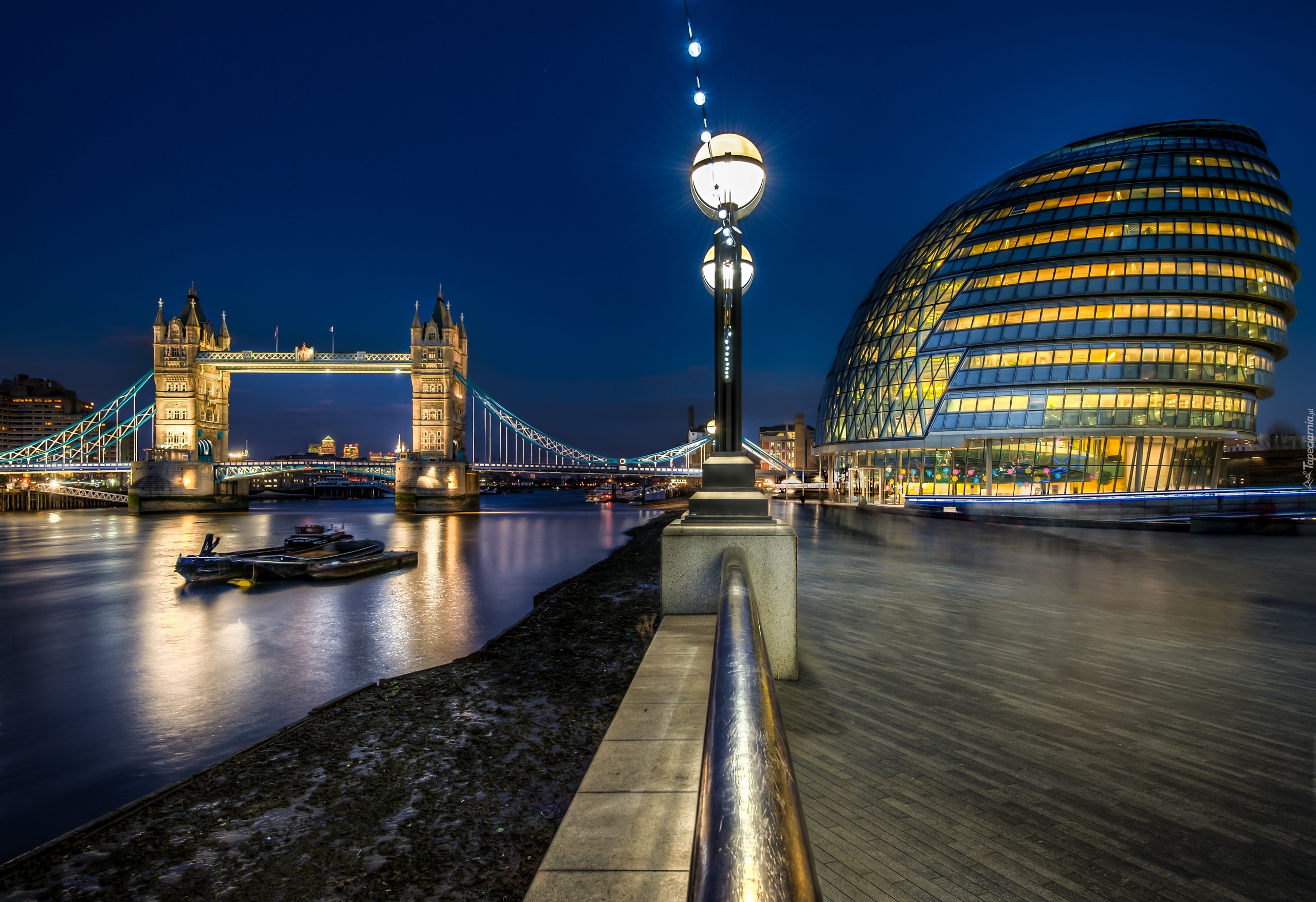 Oświetlony, Tower Bridge, Tamiza, Londyn