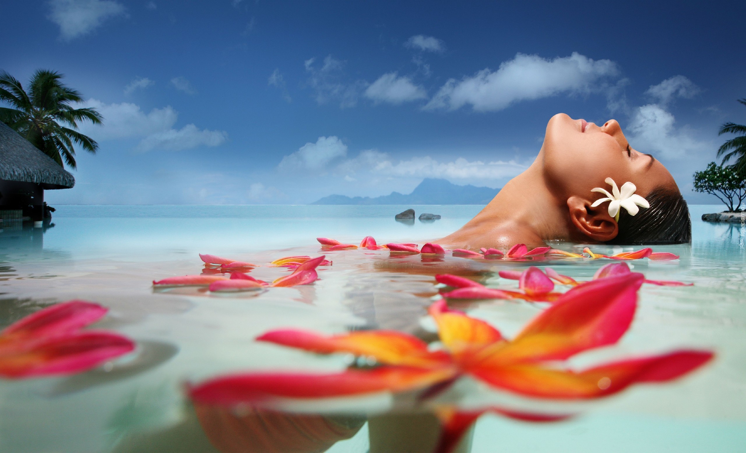 Kobieta, Kwiaty, Morze, Kąpiel, Tahiti