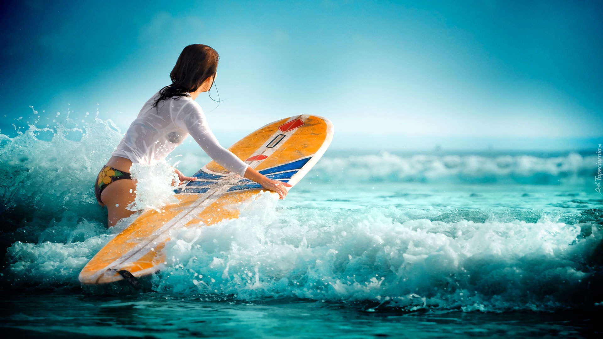 Kobieta, Morze, Fale, Surfing