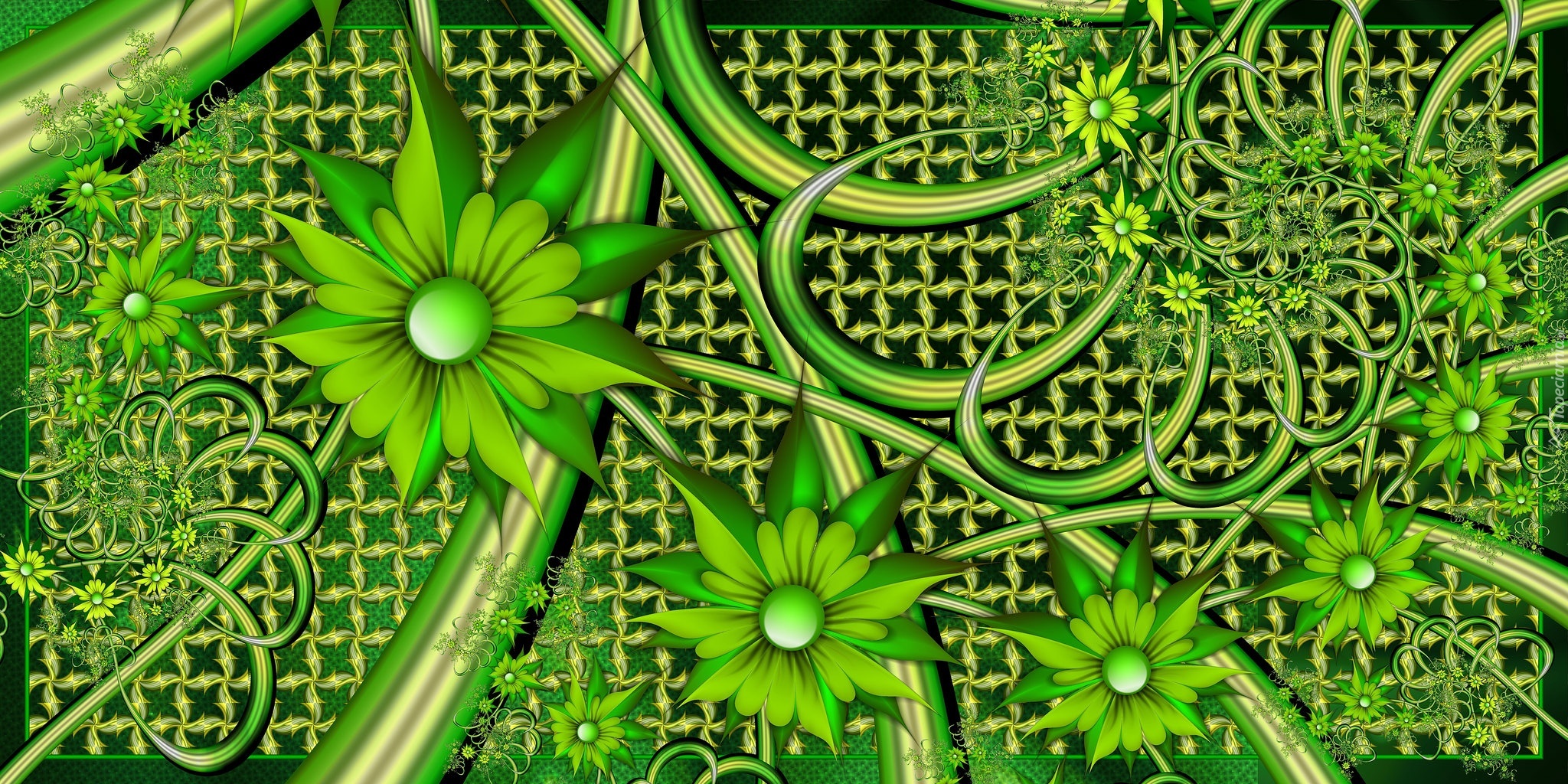Zielone, Kwiaty, Grafika, 3D