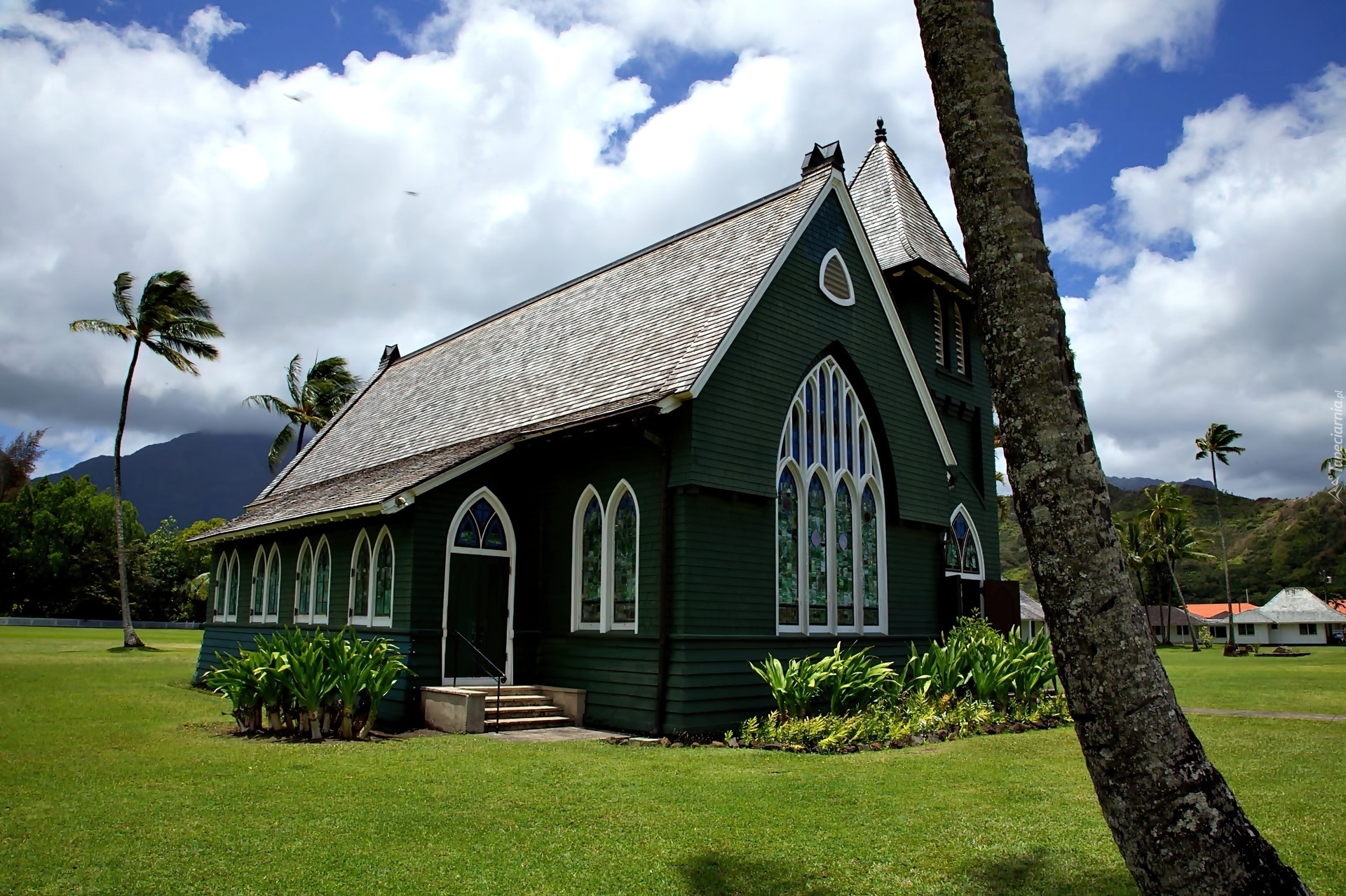 Wyspa, Kauai, Kościółek, Palmy, Obłoki