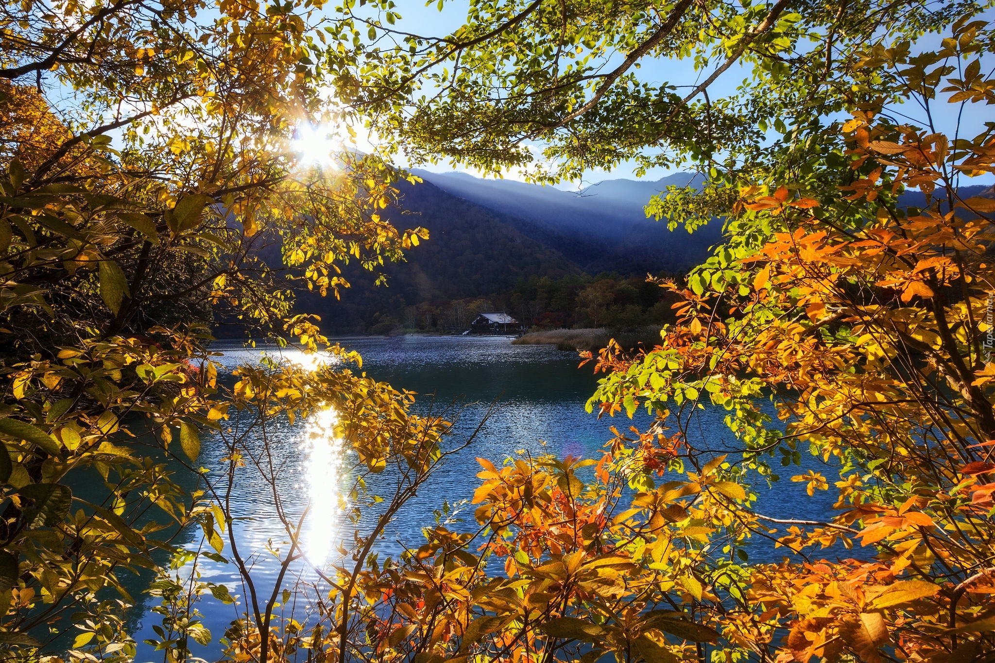 Góry, Jezioro, Drzewa, Promienie Słońca, Jesień