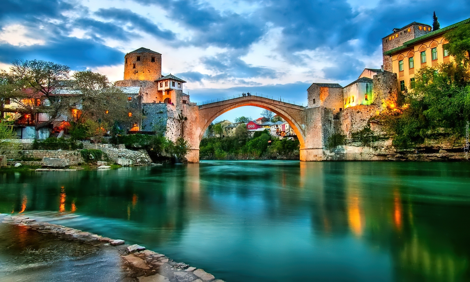 Miasteczko, Mostar, Most, Rzeka, Neretwa, Niebo, Bośnia i Hercegowina