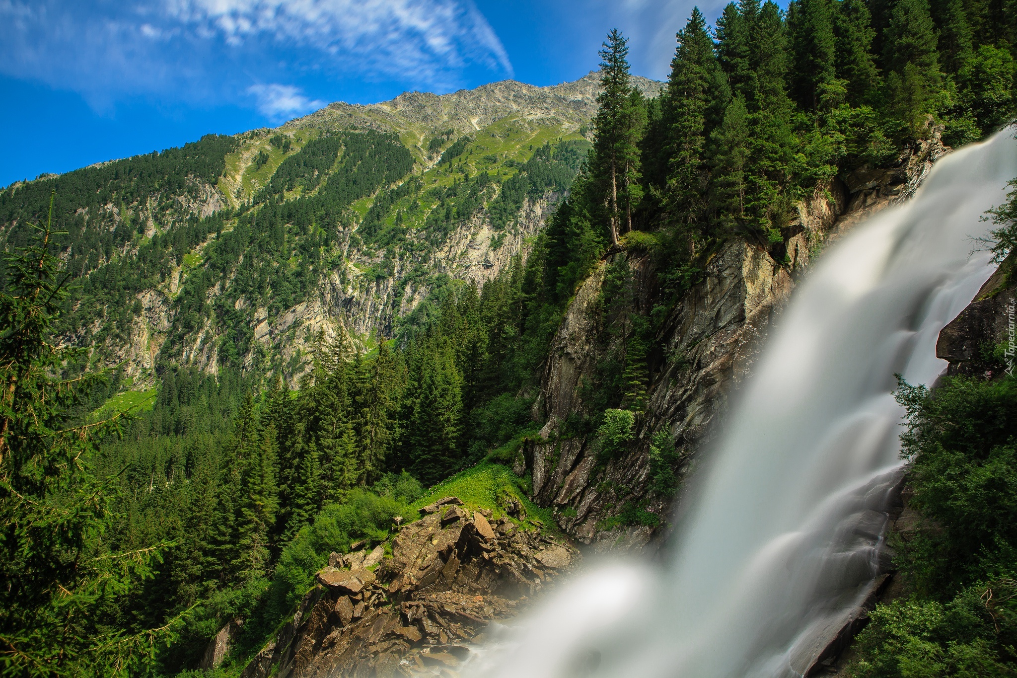 Wodospad, Lasy, Góry, Alpy, Austria