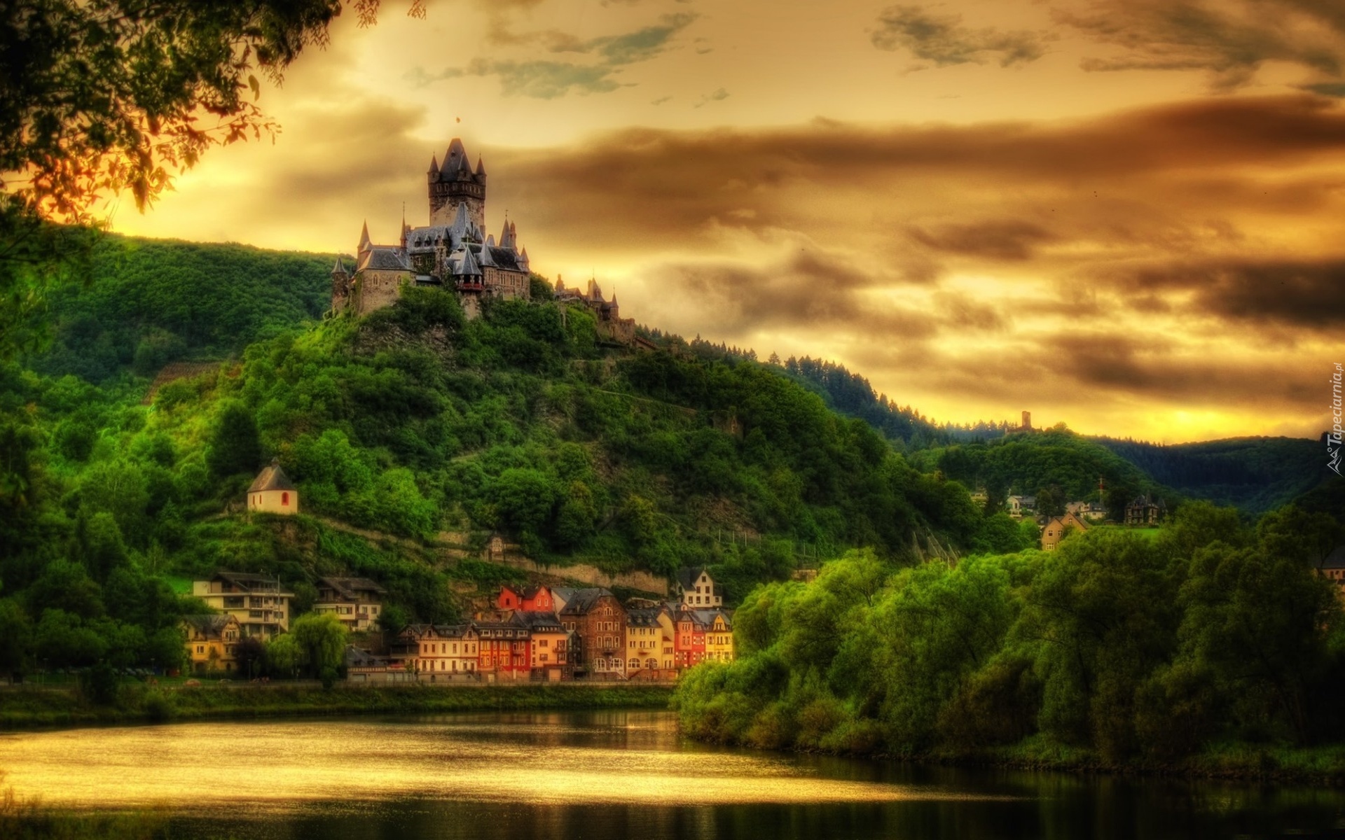 Zamek Reichsburg, Gmina Cochem, Rzeka Mozella, Niemcy, Wzgórze, Zachód słońca