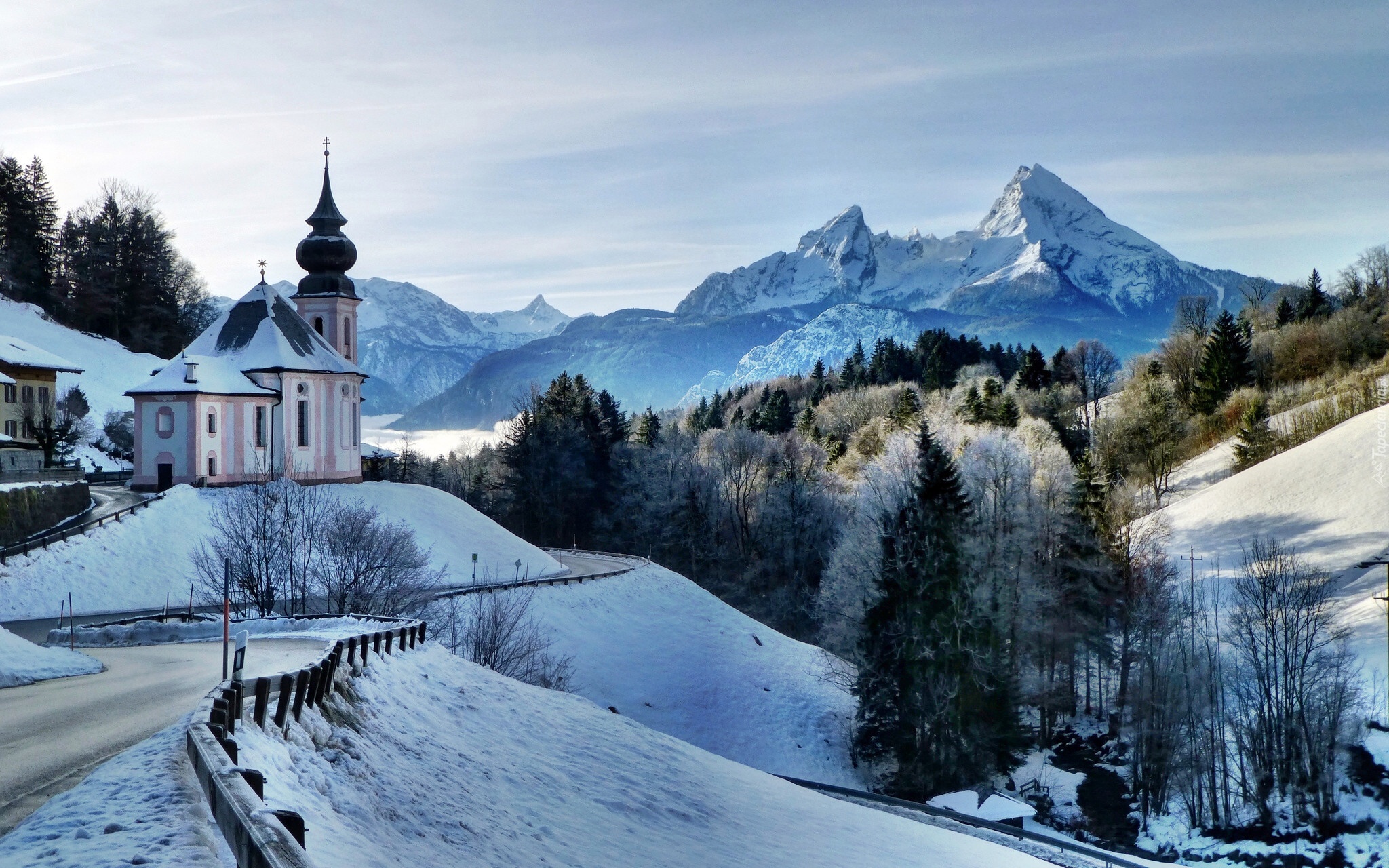 Zima, Góry, Droga, Kościół, Bawaria, Niemcy