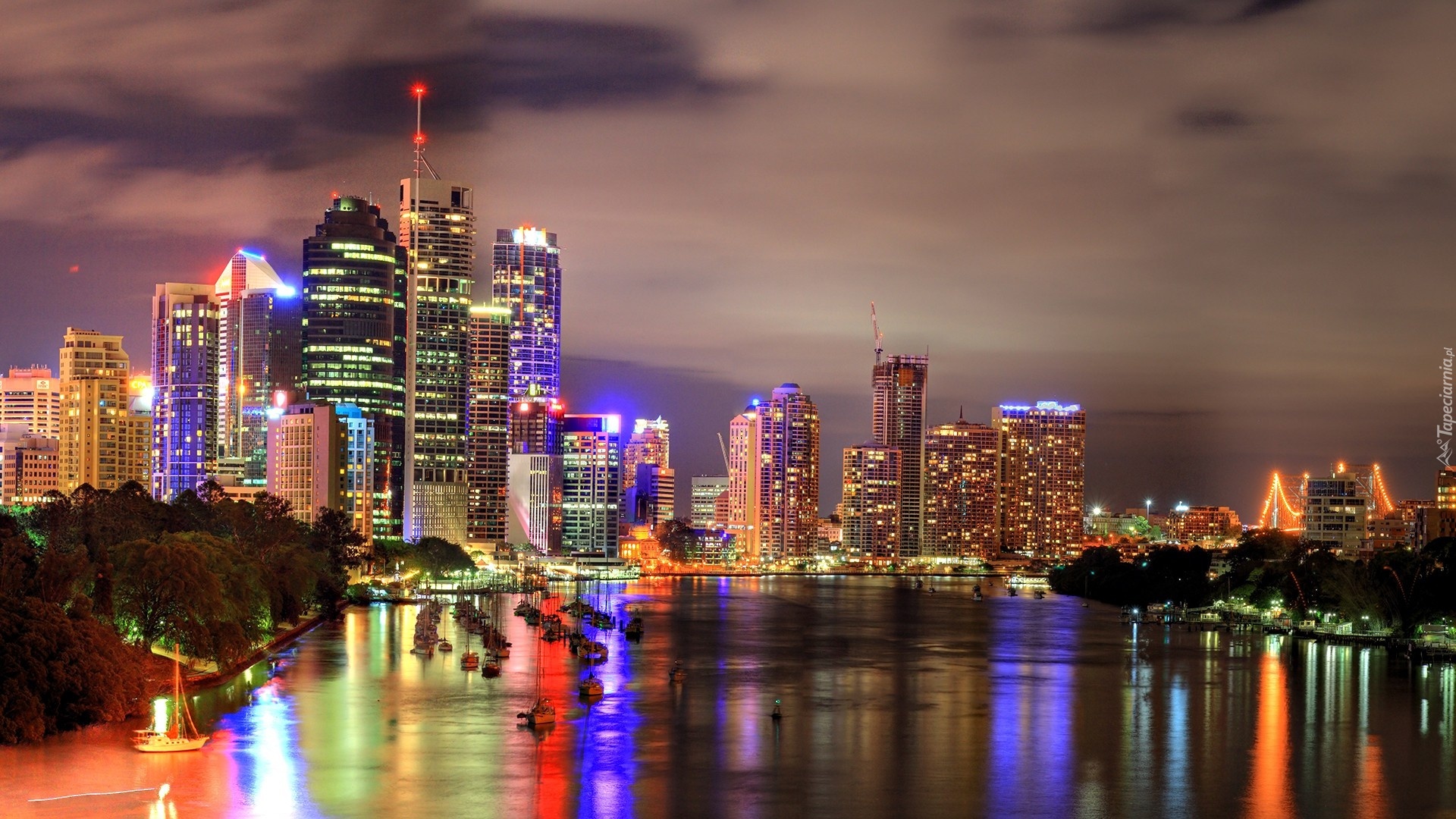 Panorama, Miasta, Noc, Brisbane, Australia