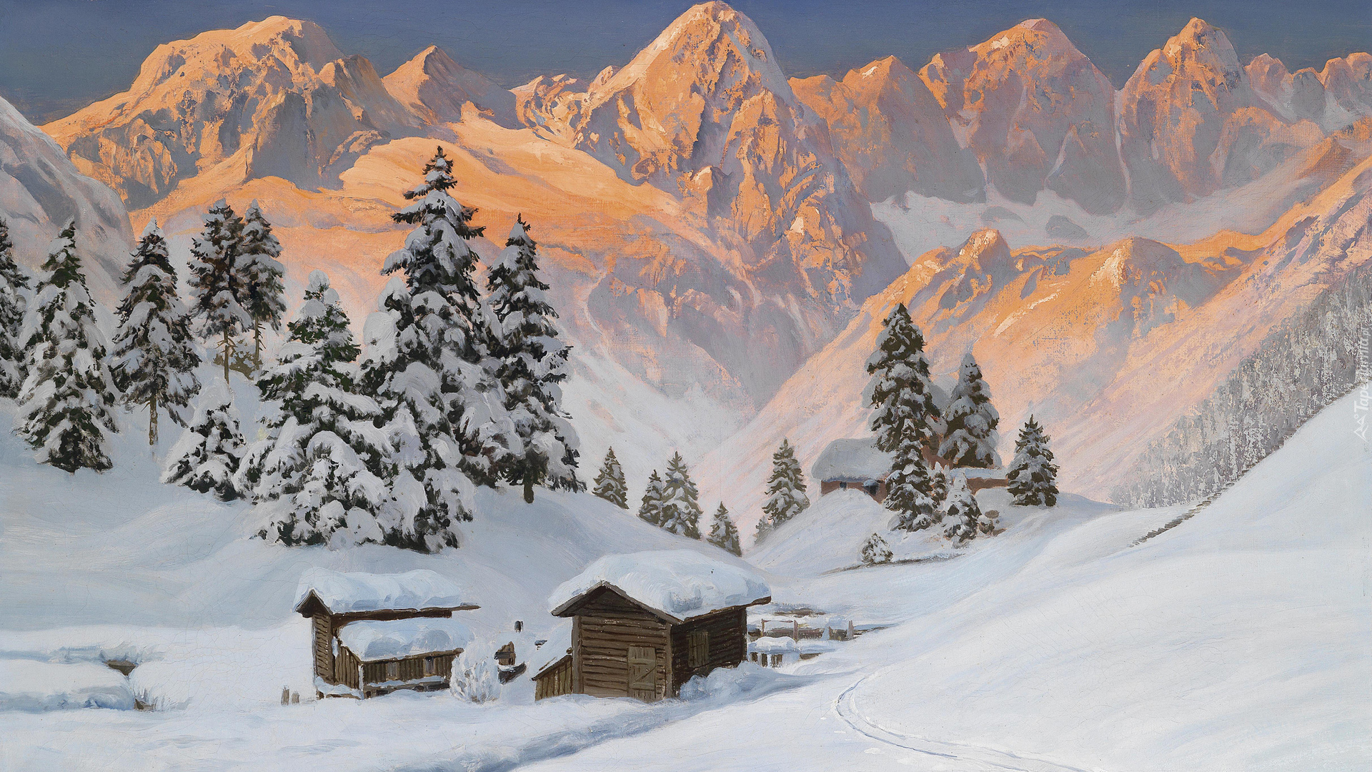 Zima, Góry, Drzewa, Obraz, Alois Arnegger