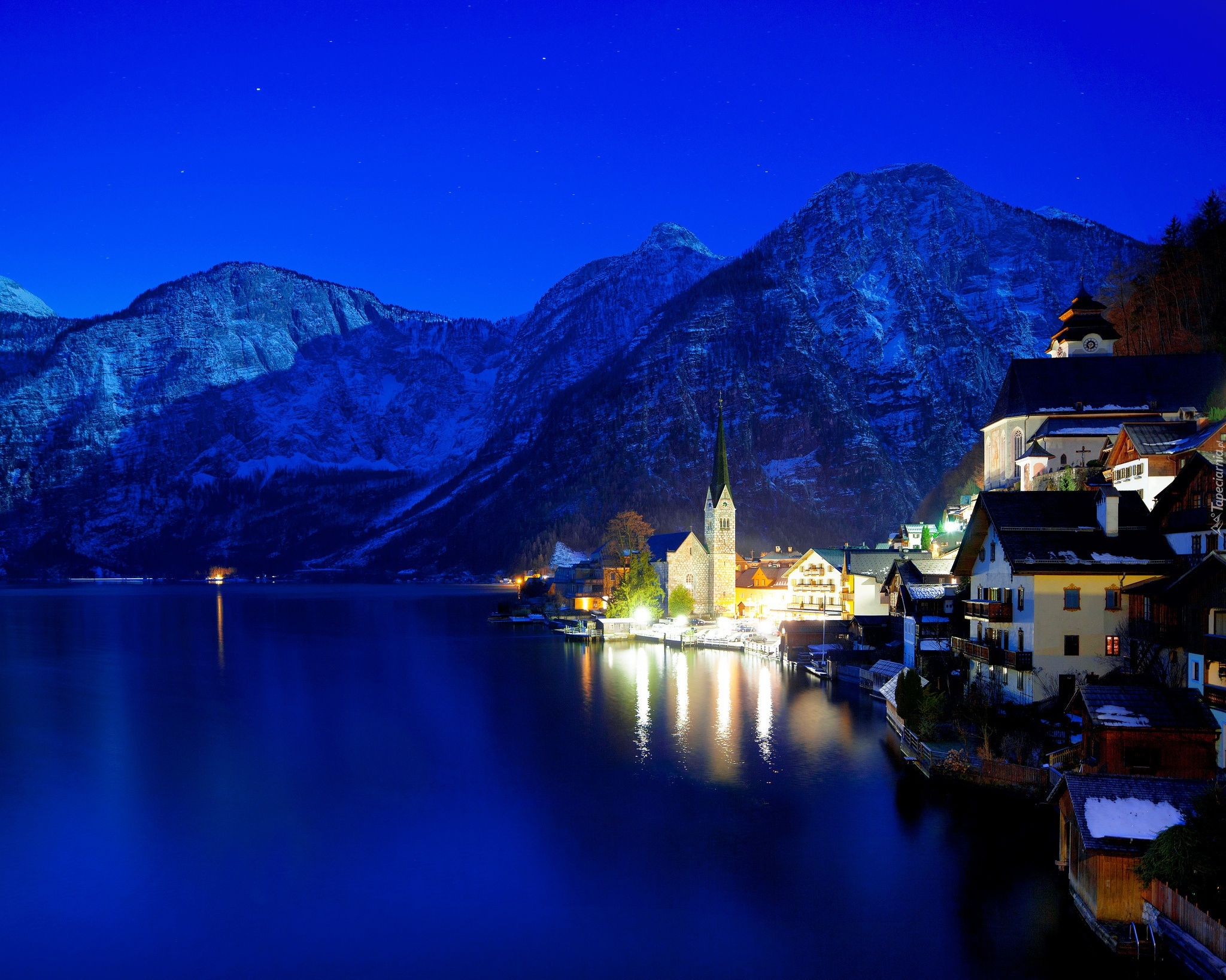 Austria, Hallstatt, Góry, Noc, Światła, Zima, Jezioro