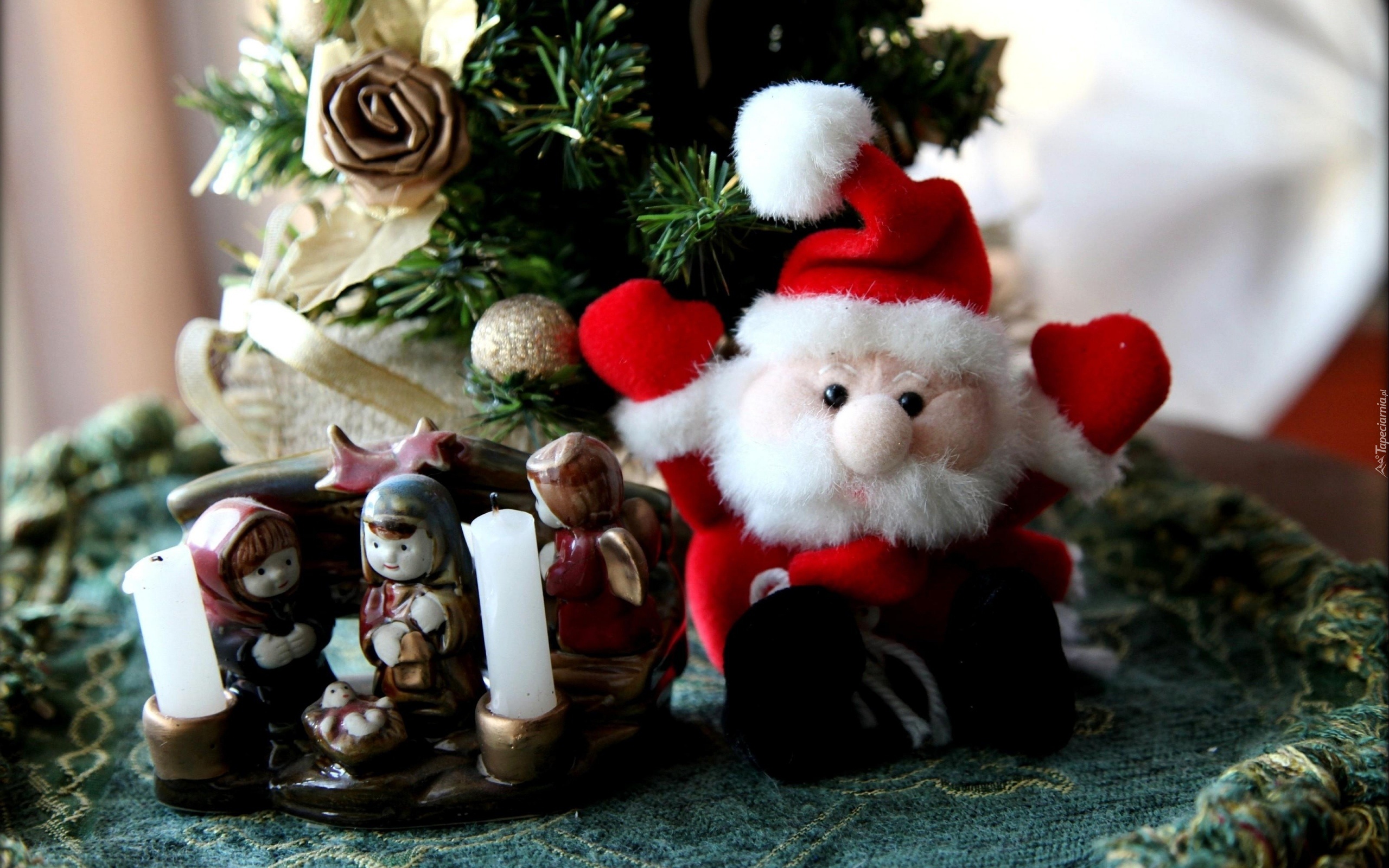 Mikołaj, Świece, Choinka, Kompozycja, Świąteczna