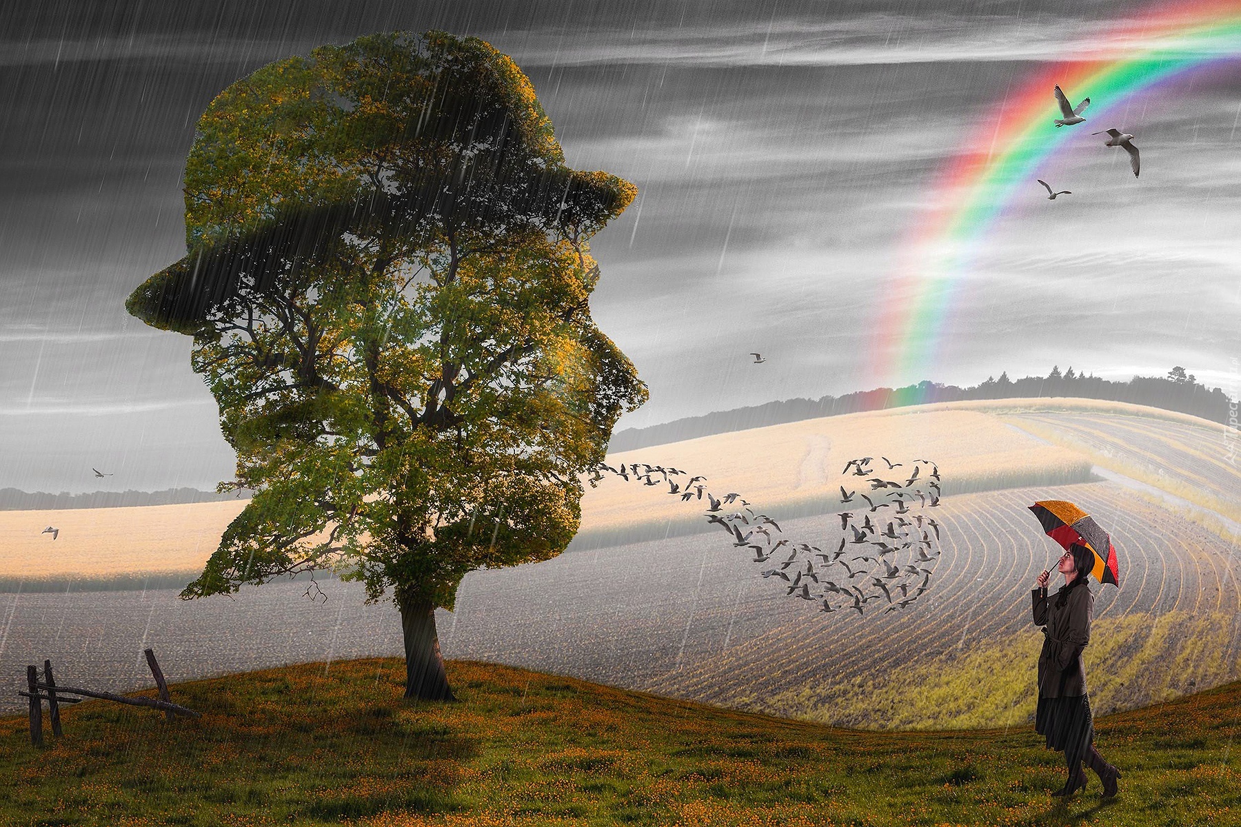 Grafika, Drzewo, Ptaki, Tęcza, Dziewczyna, Deszcz, Parasolka
