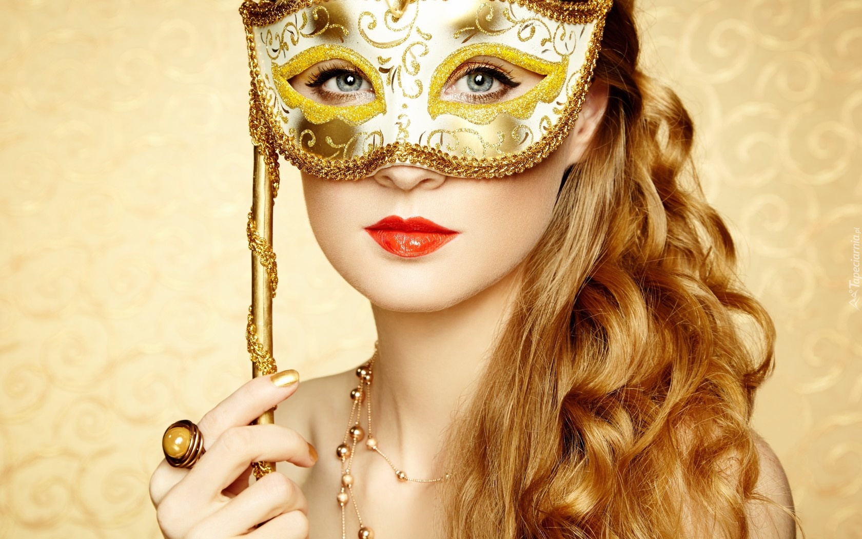 Kobieta, Spojrzenie, Maska, Makijaż, Biżuteria