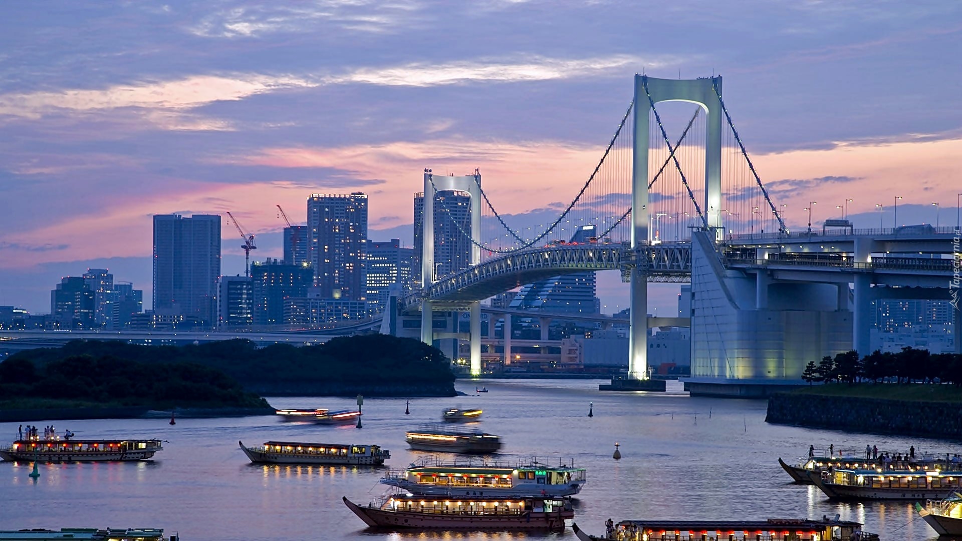 Świt, Panorama, Tokio, Most, Morze, Statki