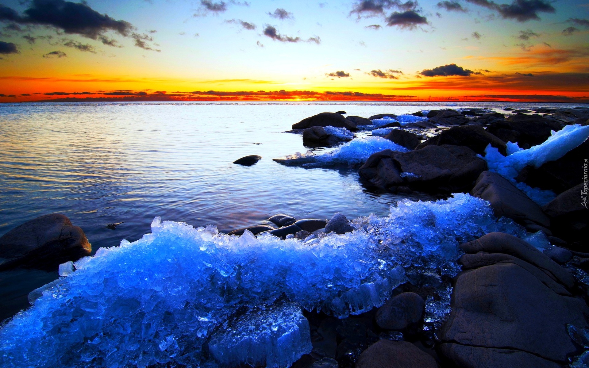 Morze, Kamienie, Lód, Zachód Słońca