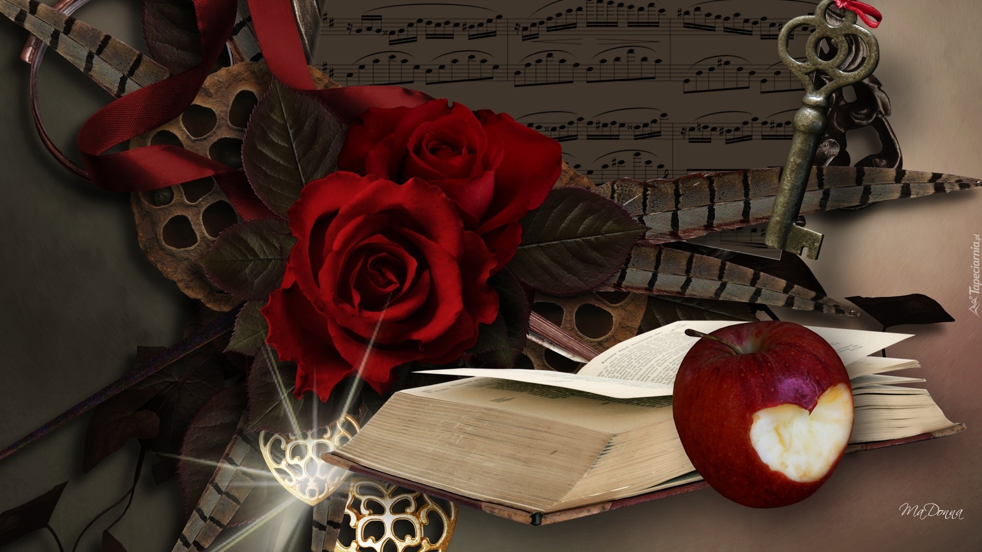 Róże, Książka, Jabłko