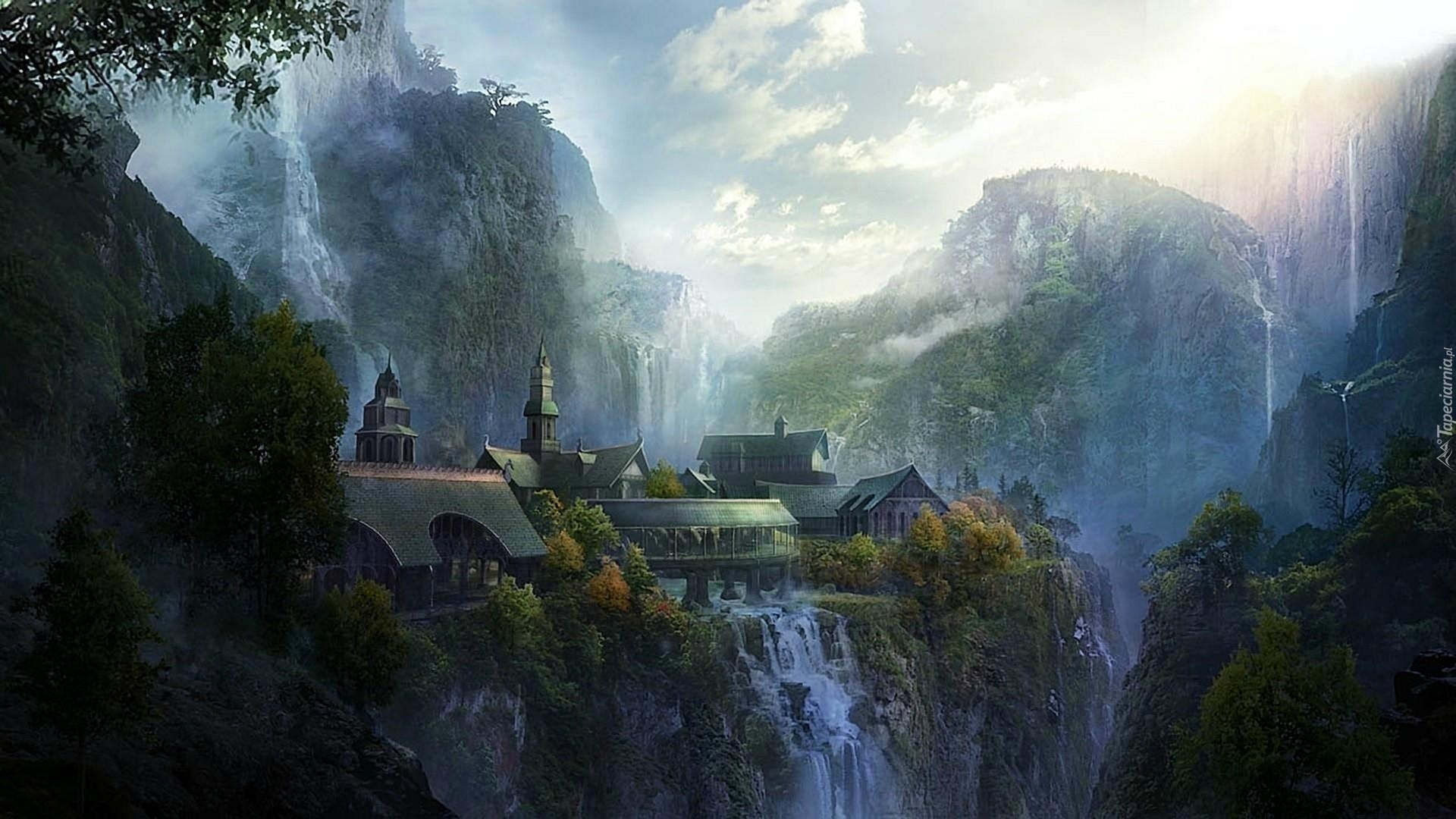 Fantasy, Budynki, Góry, Wodospady