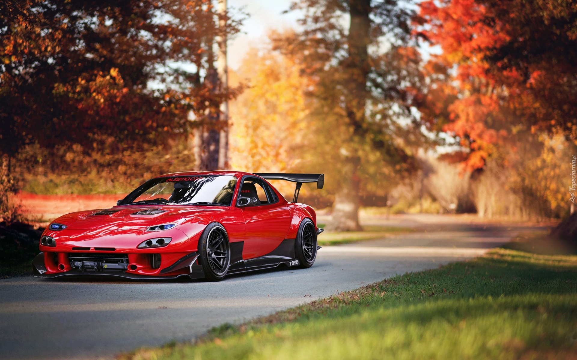 Czerwona, Mazda RX-7, Droga, Drzewa, Jesień