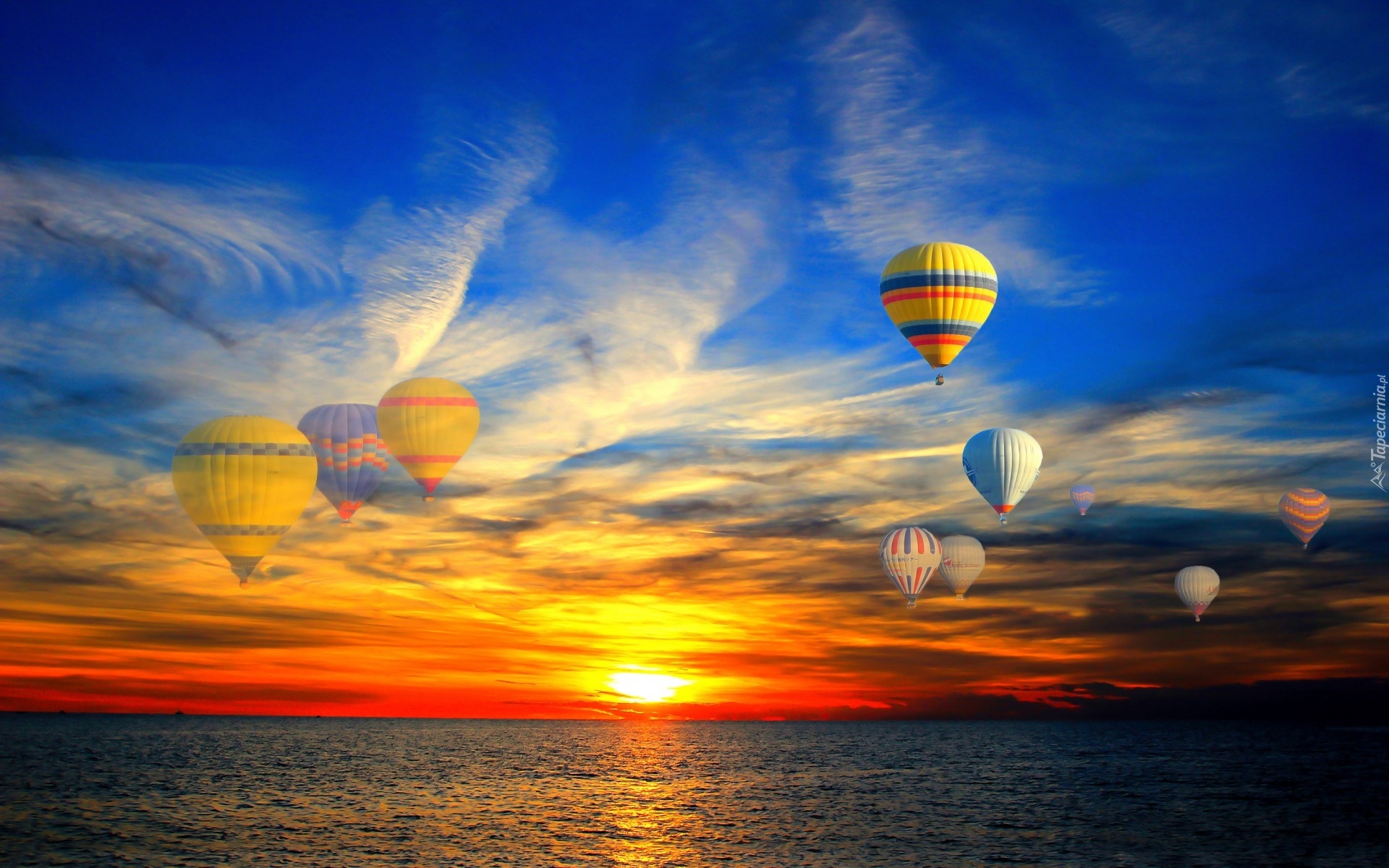 Balony, Morze, Chmury, Zachód, Słońca