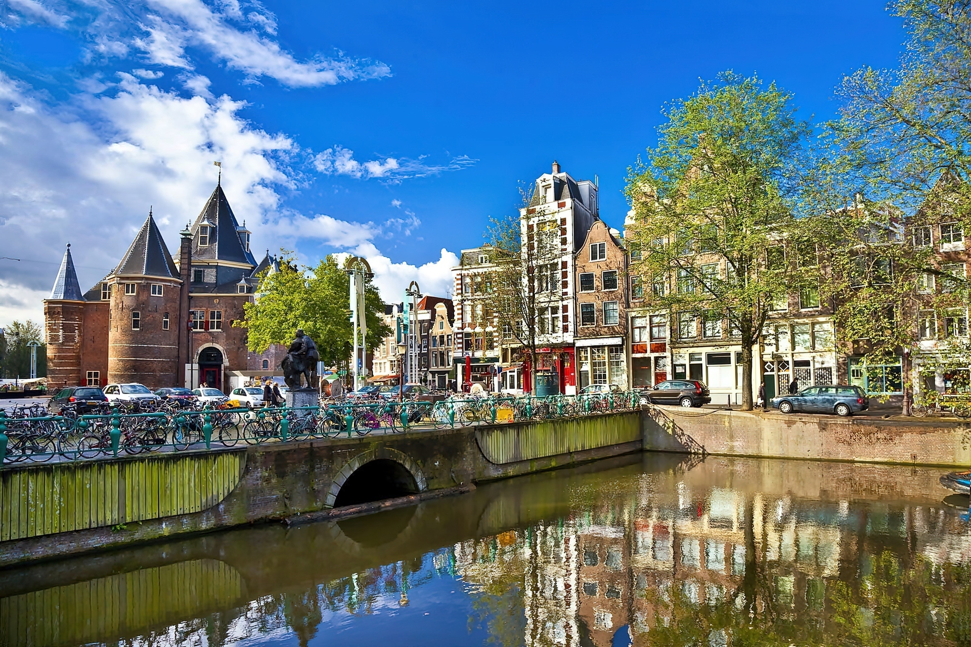 Amsterdam, Panorama, Miasta, Kanał, Most, Rowery