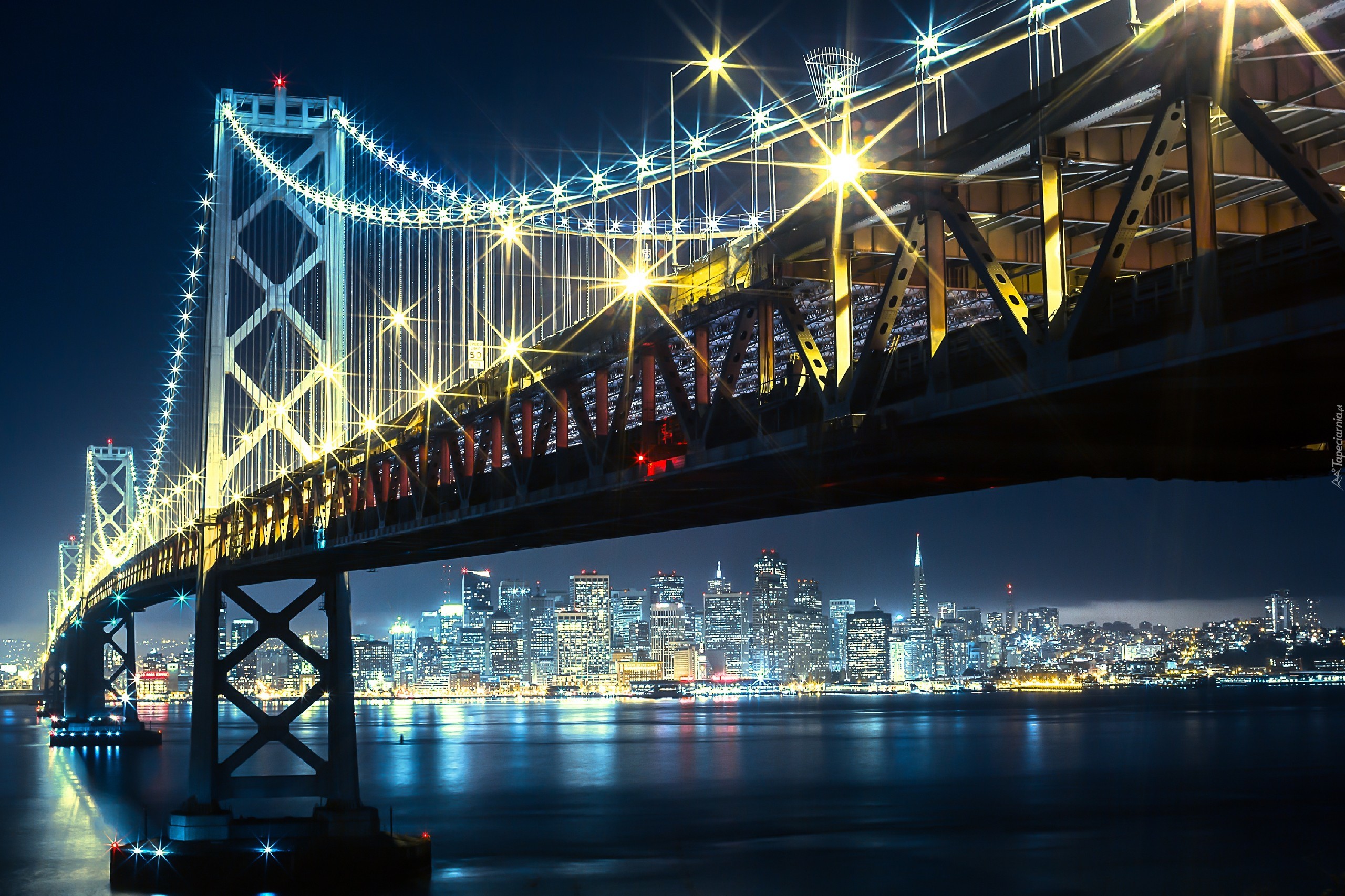 San Francisco, Noc, Oświetlony, Most, Rzeka