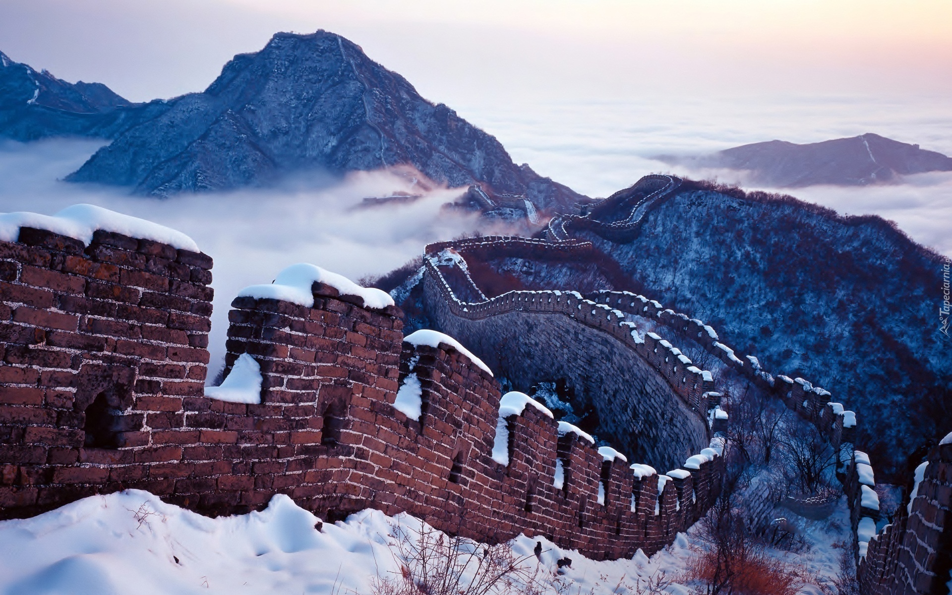 Mur, Chiński, Góry, Chmury, Zima