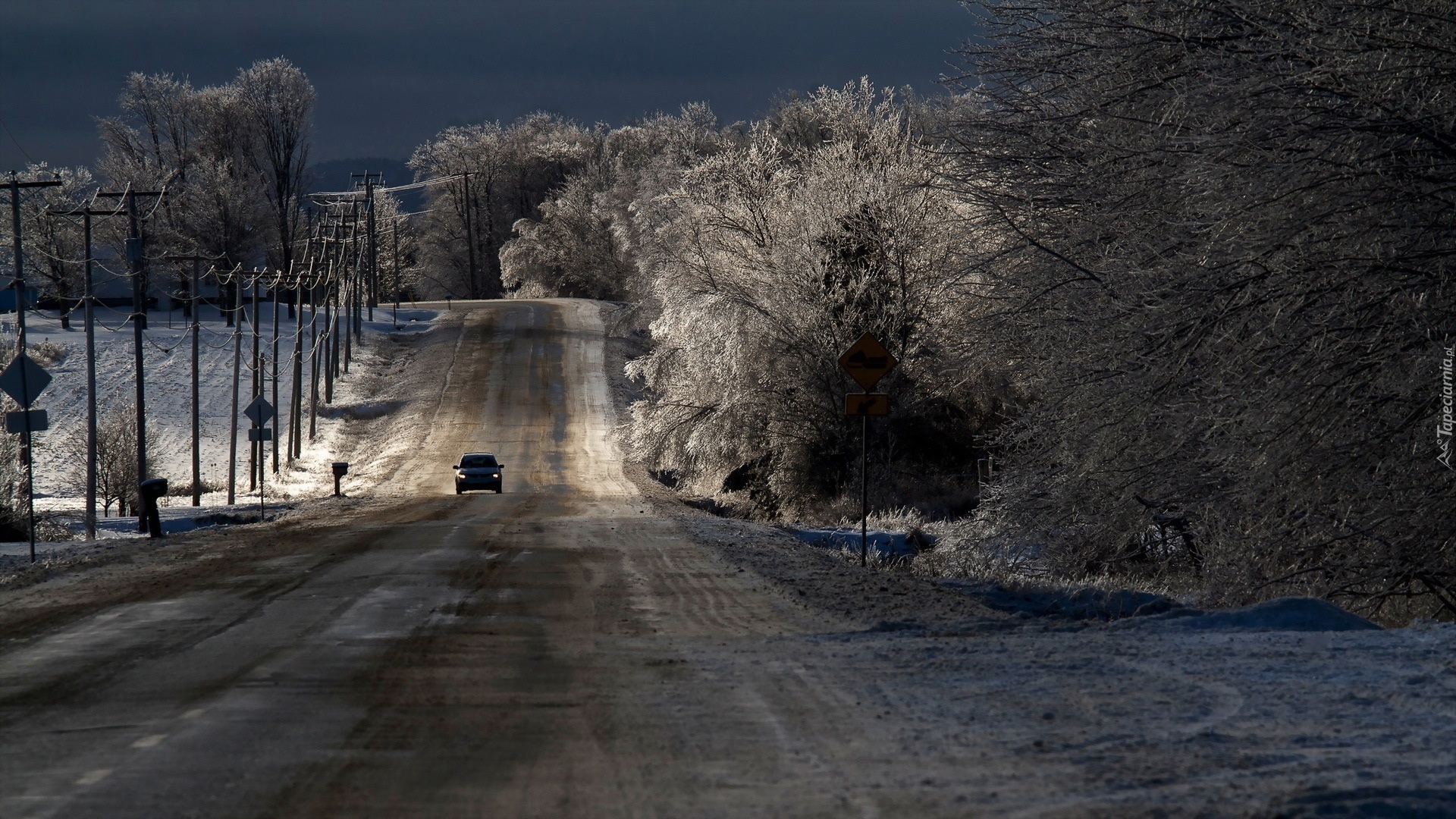 Droga, Samochód, Drzewa, Zima