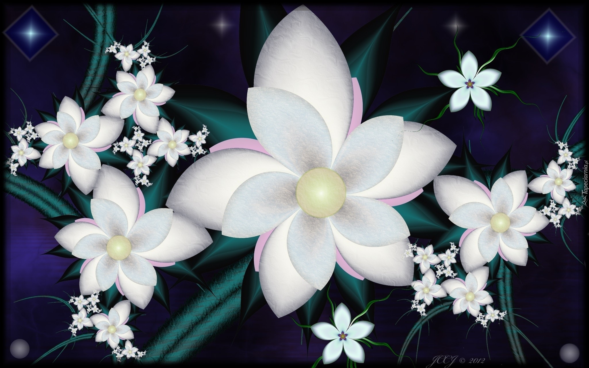 Białe, Kwiaty, Grafika 3D